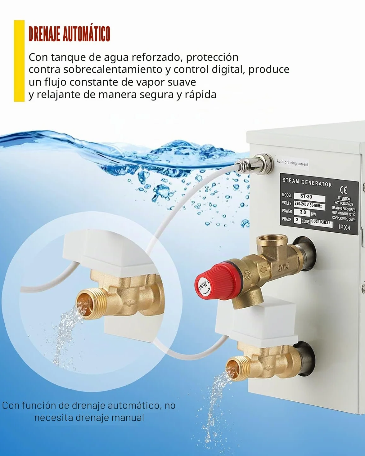 CGOLDENWALL Generador de Vapor para Sauna 3KW 220V de Casera, Ideal para Sauna/Ducha/Baño/SPA, con Sistema de Autodrenaje, Controlador Digital LED 35-55℃ para 3 m³ de Espacio Calentar