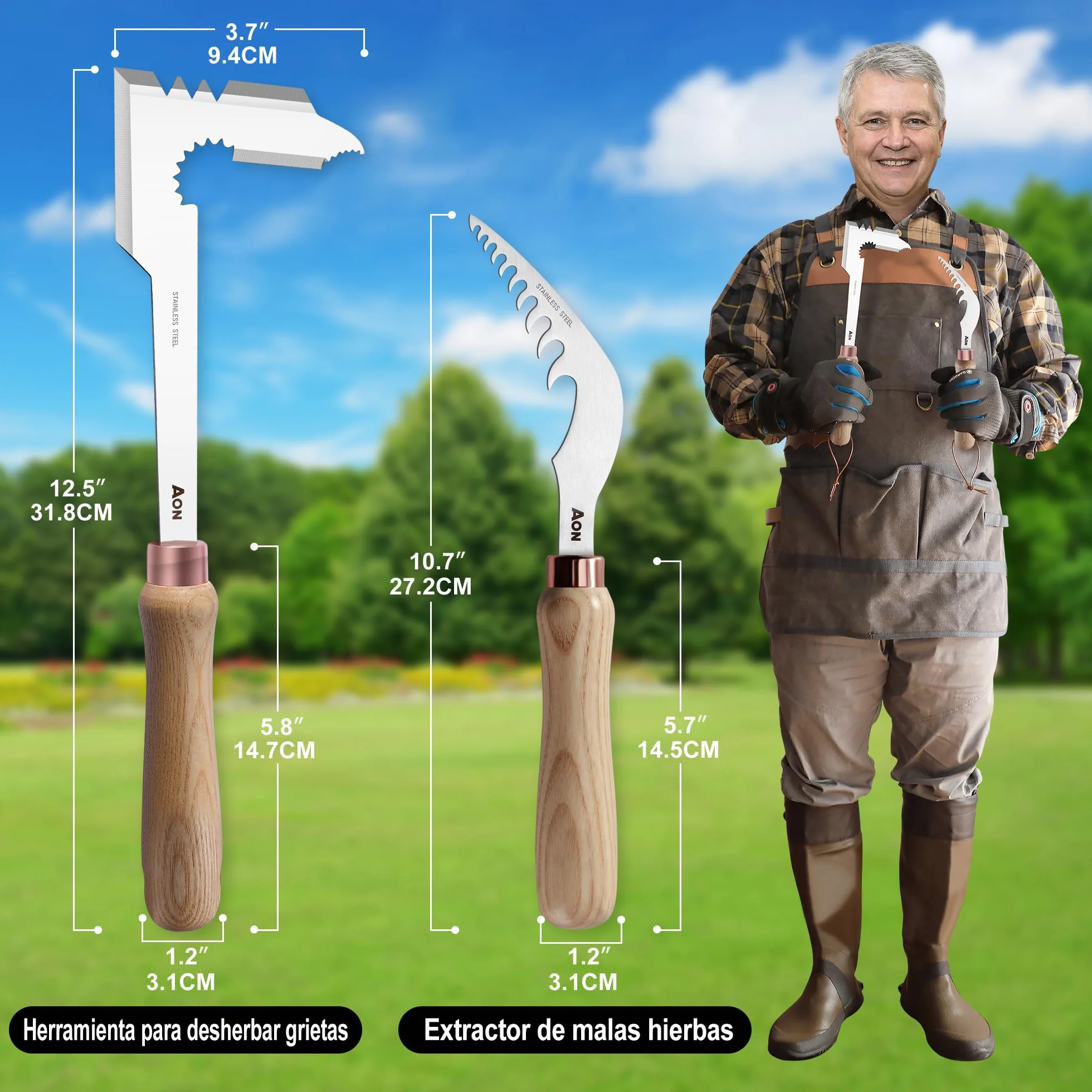 AON Extractor de Malas Hierbas 2-Pack – Acero Termotratado, Mango Ergonómico de Fresno para Jardín y Césped