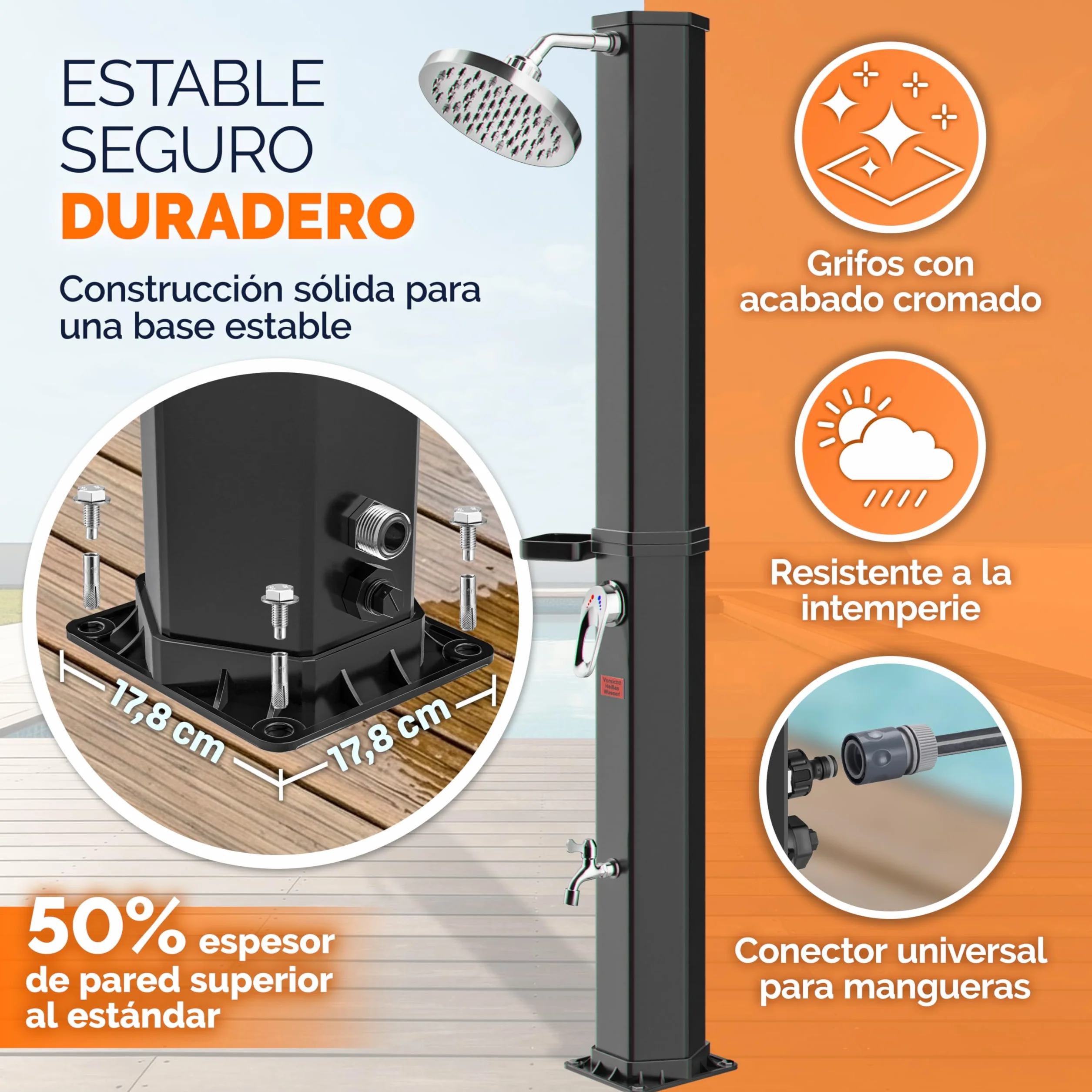 Ducha Solar Exterior 35 litros CASARIA Agua Caliente 60 °C Cabezal Lluvia Cubierta UV