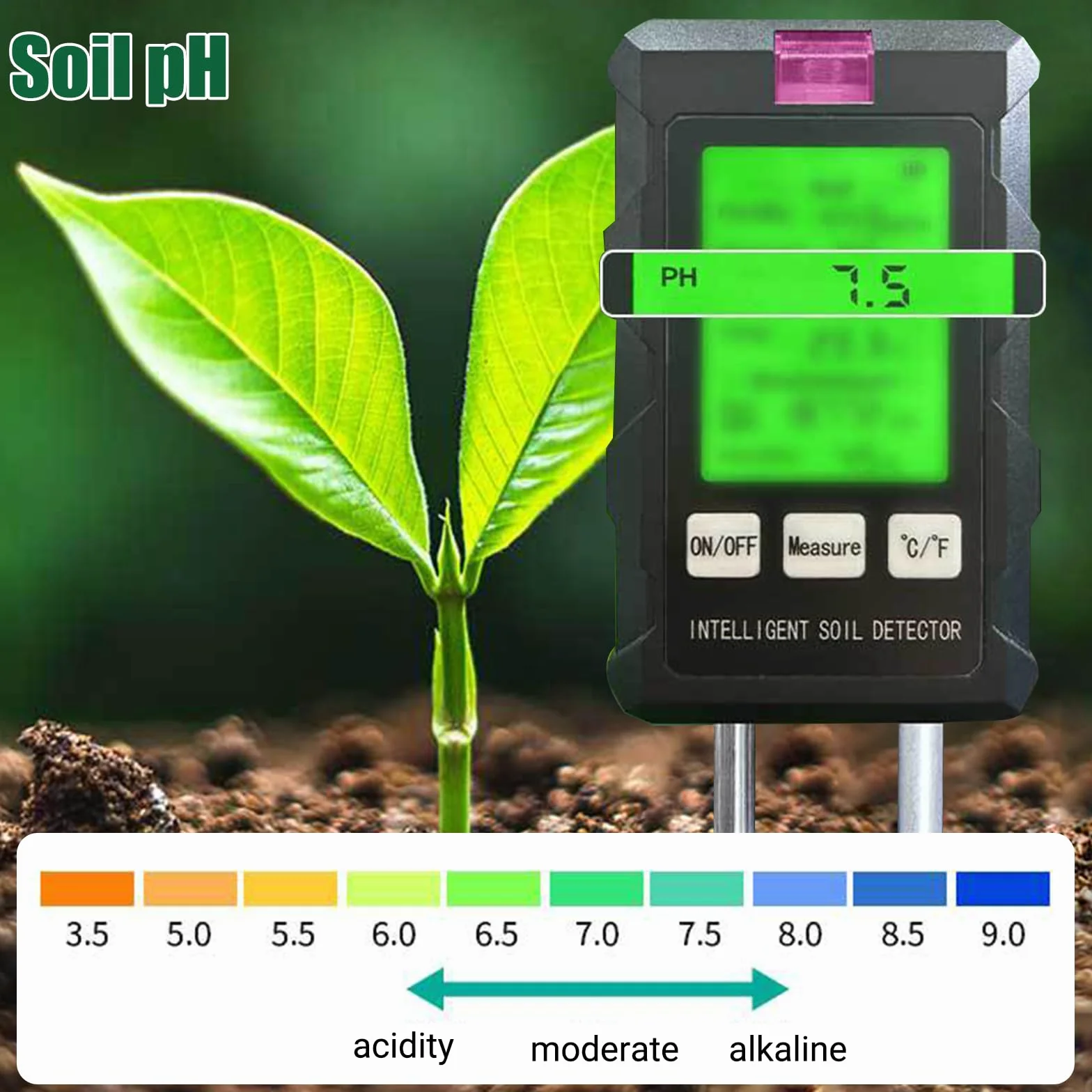GAESHOW Medidor de Suelo 6 en 1, Medidor Digital de Humedad/Fertilidad/PH/Temperatura/Luz Ambiental/Humedad Ambiental con Pantalla LCD para Jardín