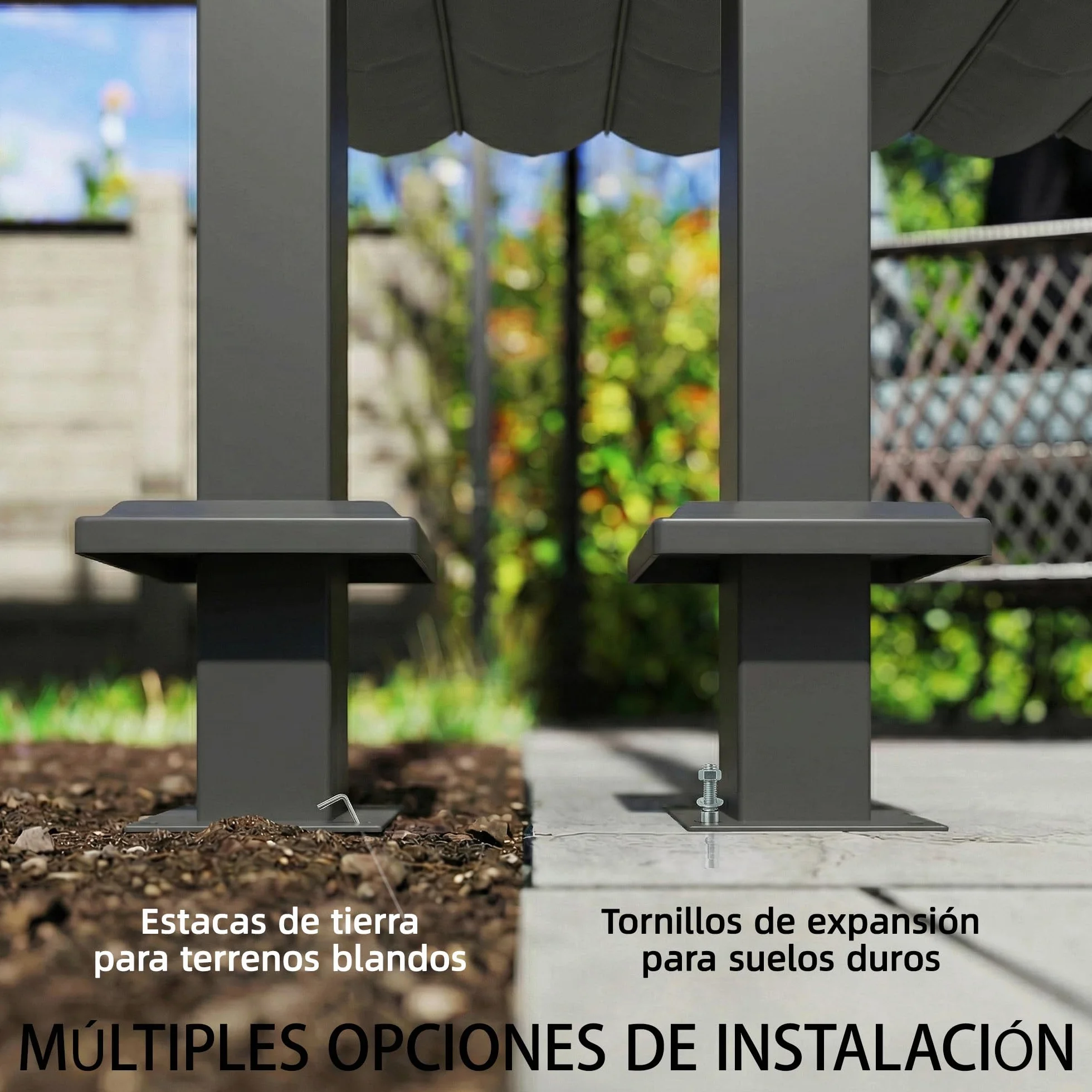 Outsunny Pérgola de Pared de Jardín 3x3 m, Cenador con Techo Retráctil, UPF30+, Estructura de Acero, Gris Oscuro