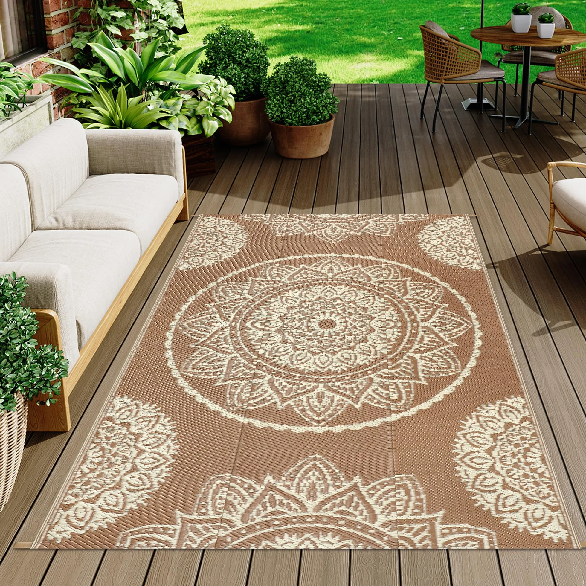 Famibay Alfombra Exterior Terraza 150x245cm Impermeable UV Reversible Beige Marrón