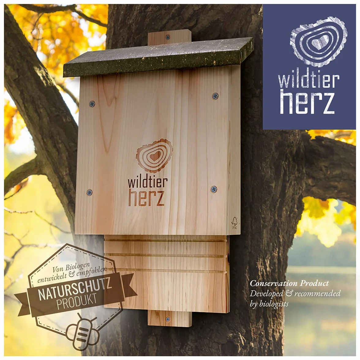 wildtier herz I Gran Caja para murciélagos de Madera Maciza I Casa para murciélagos Resistente a la Intemperie como cuartel de Verano e Invierno I Caja Nido para murciélagos, Caja para murciélagos