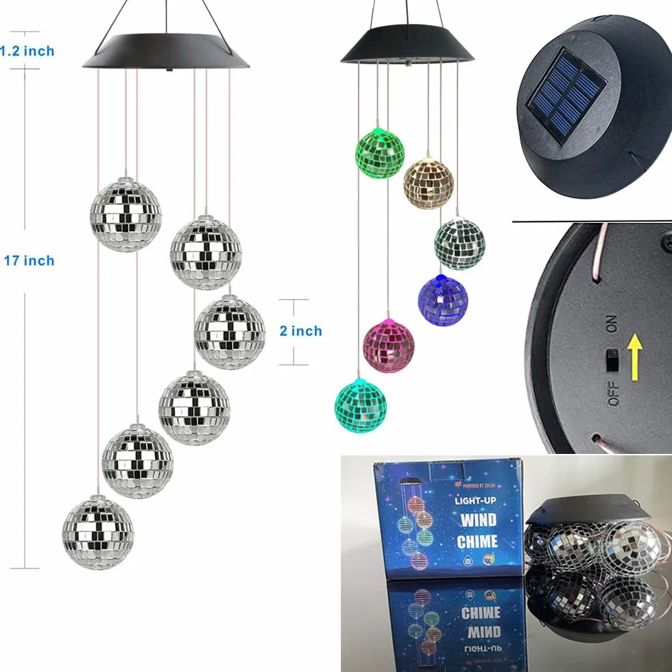 POFET Lámpara solar bola de cristal cambia de color campanilla viento decoración jardín festival