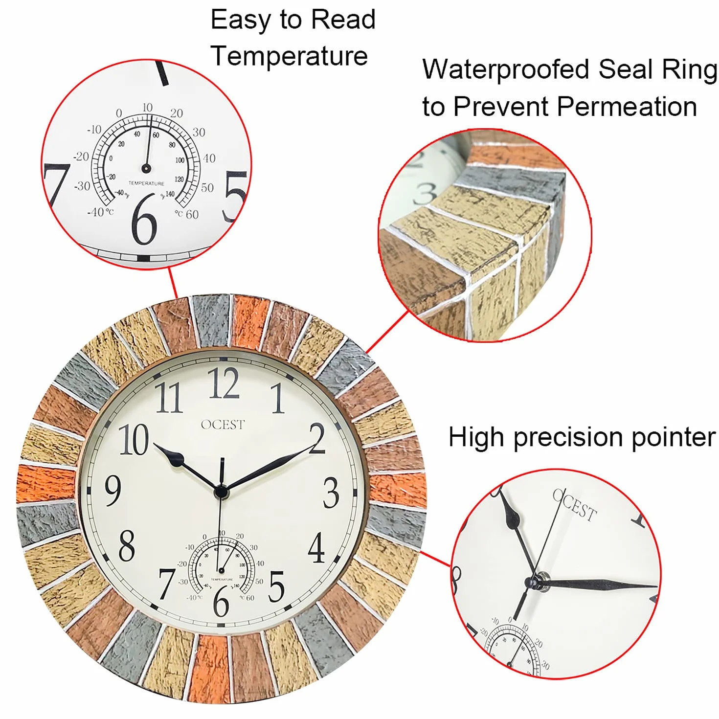 Ocest Reloj de pared grande impermeable con termómetro para interiores y exteriores