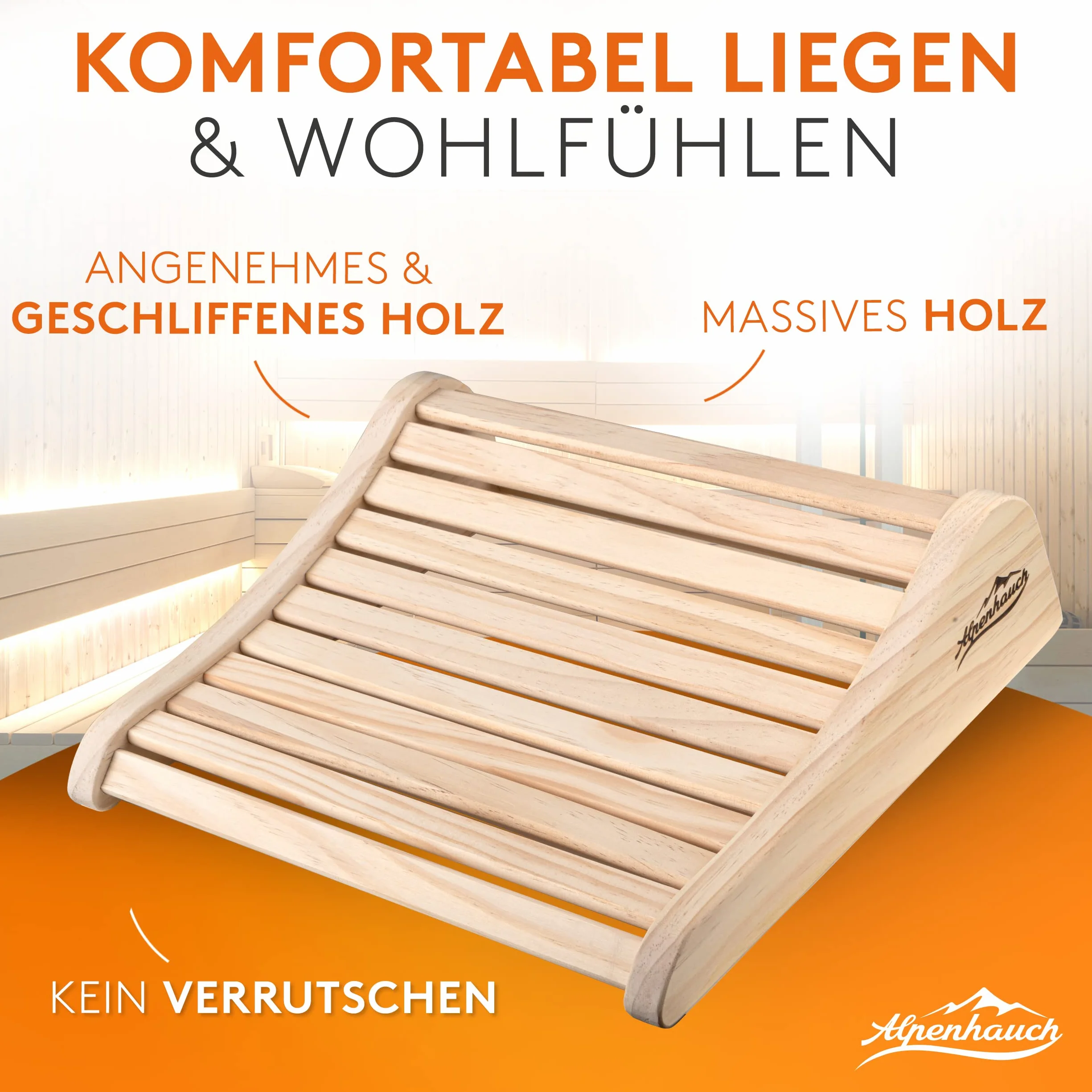 ALPENHAUCH Reposacabezas de madera para sauna [100% madera natural] – Reposacabezas ergonómico para sauna de madera – Accesorios nobles para sauna cabina de infrarrojos – Cómodo y ancho reposacabezas