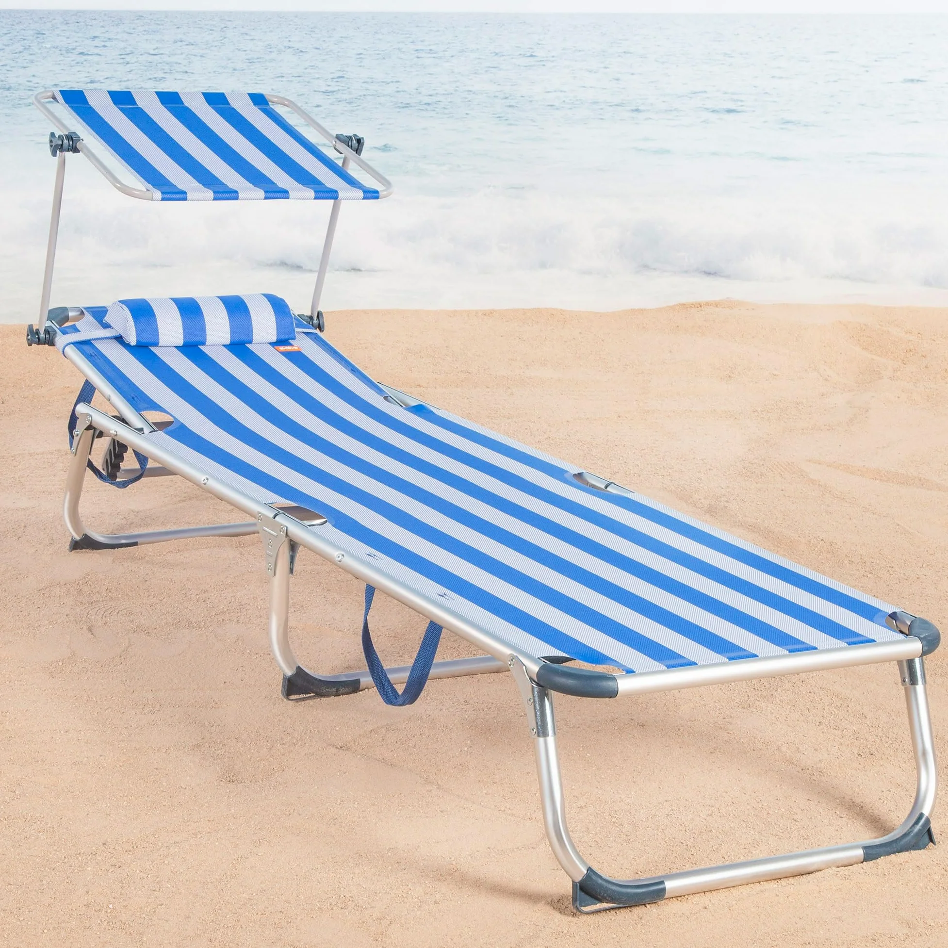 AKTIVE Hamaca Playa Plegable, Azul Rayas, 186x49x30 cm, 5 Posiciones, Topes antivuelco, Parasol, Cojín, Soporta 110 kg, Estructura Aluminio, Tumbona terraza Exterior, Hamacas jardín (62475)
