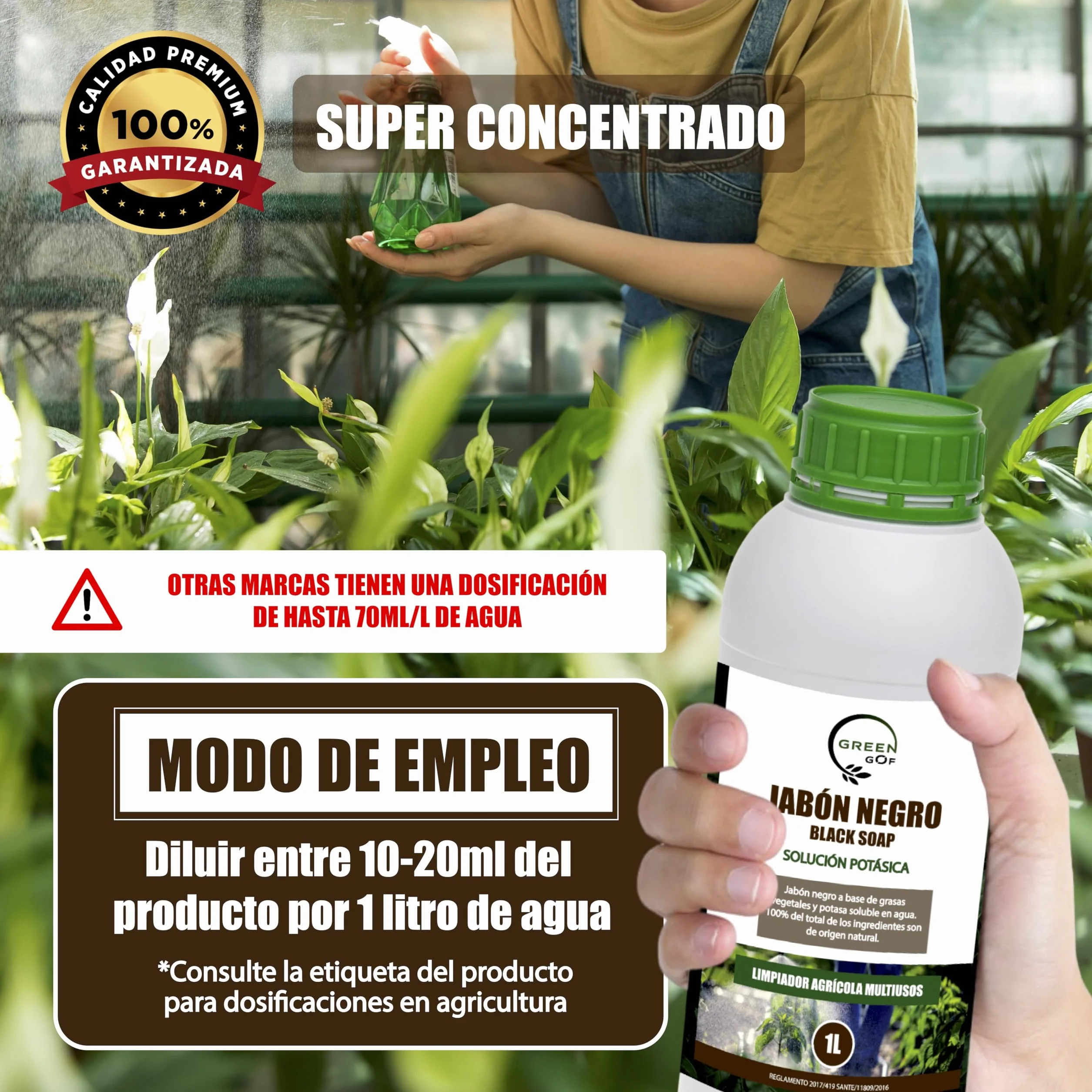 GREENGOF Jabón Potásico Premium 1L Concentrado Hongos Plagas Pulgón Mosca Blanca Araña Roja Cochinilla