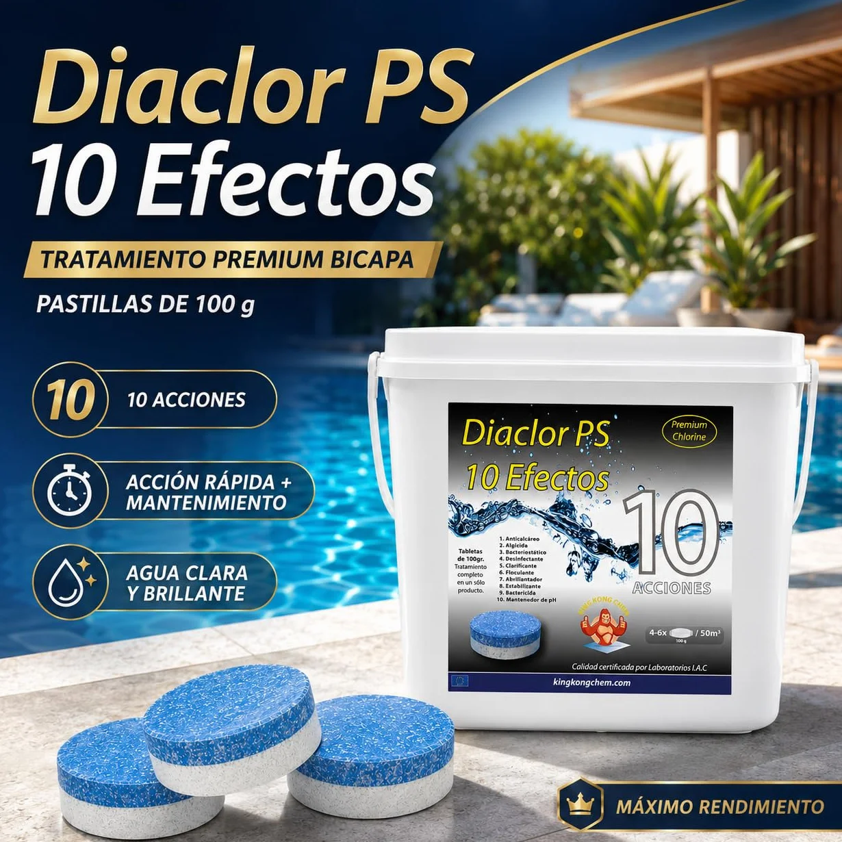 Cloro Total para Piscinas DIACLOR PS 5 KG - 50 Pastillas de Cloro Multiacción 100 gr