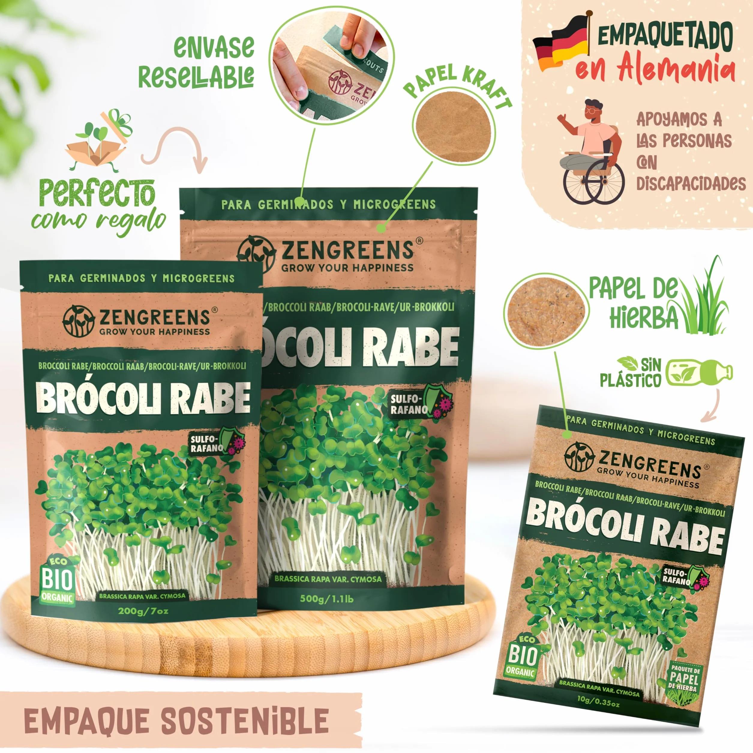 Semillas de brócoli ecológico ZenGreens® - Brotes de cime di rapa - Microgreens - 10g, 200g, 500g