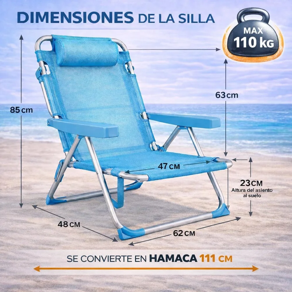 Silla Playa Plegable Metal Tela Textileno 48x62x85 cm Multiposiciones Reclinable Azul Turquesa
