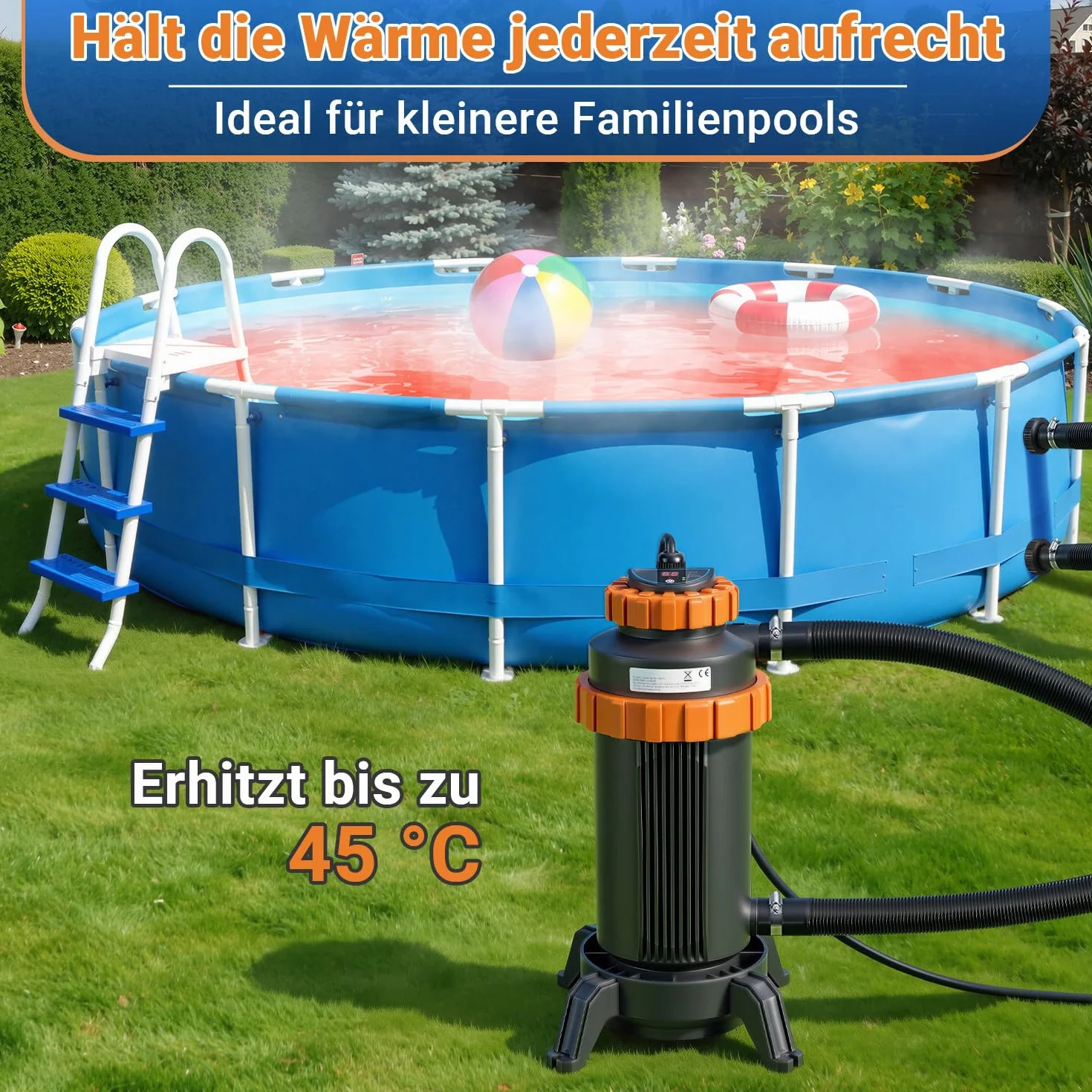 Calentador eléctrico para piscinas 17x42 cm interfaz digital 32-38 mm protección fugas vuelco ignífugo 45°C