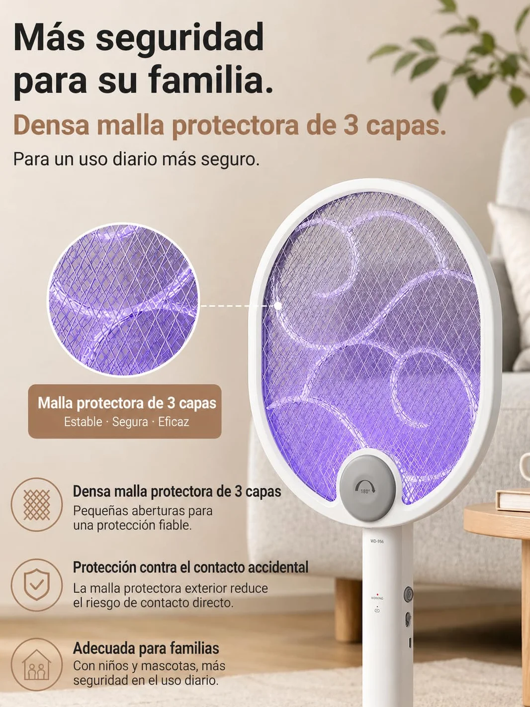 Raqueta Mosquitos Eléctrico Plegable 4000V 1800mAh USB 3 en 1 Recargable Mosquito Killer Trampa Portátil 3 Capas Malla Seguridad Base Soporte Pared
