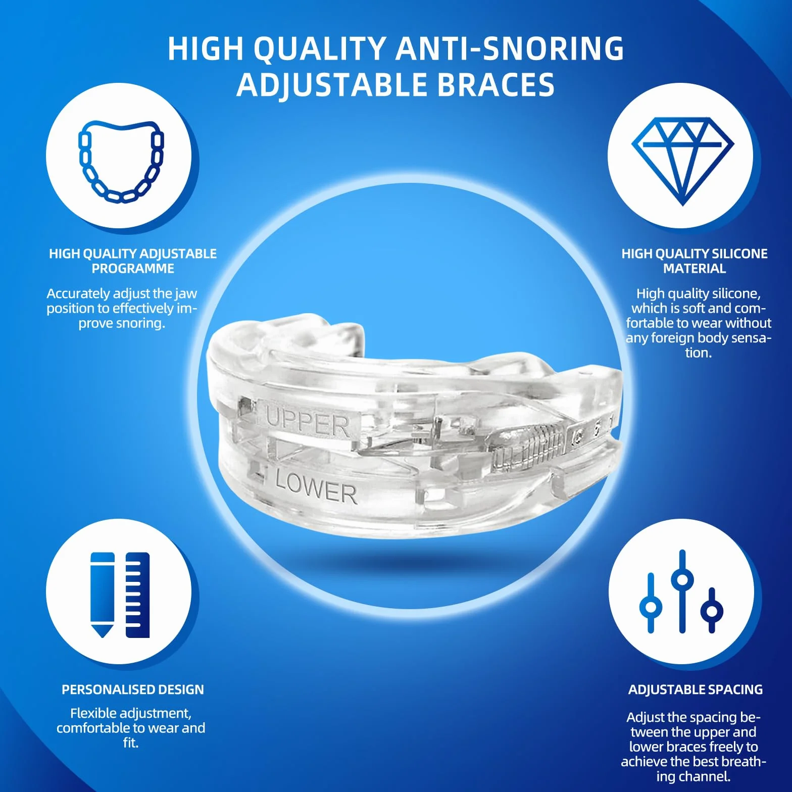 Férula Antirronquidos de Avance Mandibular, Dispositivo Ajustable Reutilizable Anti Ronquidos para Dormir