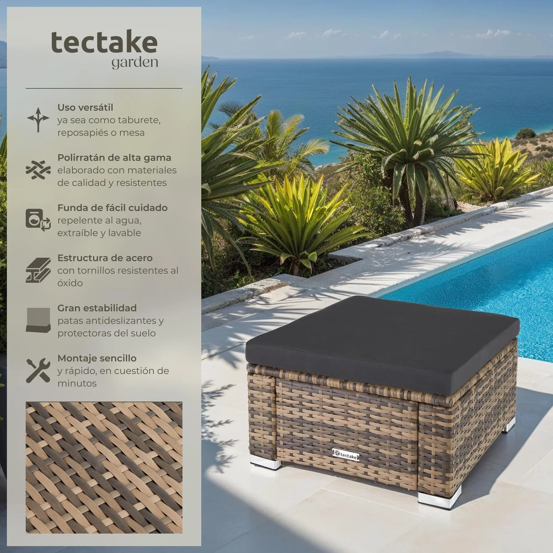 TecTake® Taburete de Ratán y Acero, Muebles Jardín Exterior Resistentes a Intemperie, Puf con Cojines Extraíbles