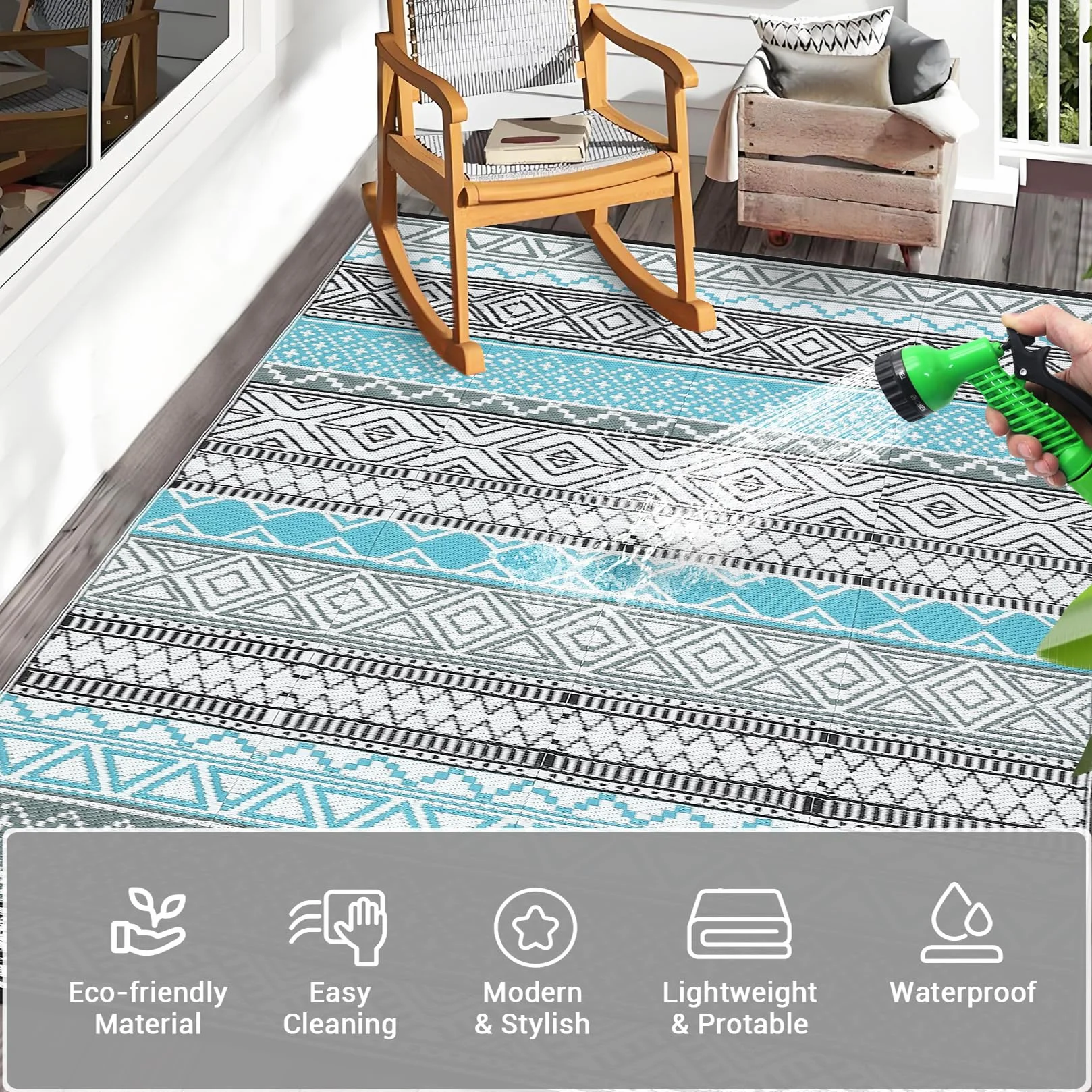 CAROMIO Alfombra exterior 120x240 cm plástico pajita impermeable reversible azul gris