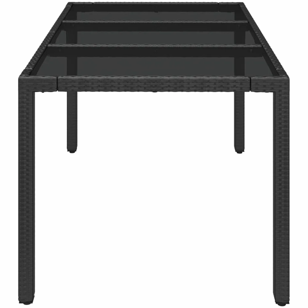 Mesa de jardín de ratán de polirratán, color negro, 150 x 90 x 75 cm, con placa de cristal duro, marco de acero pulverizado, diseño impermeable para terraza y jardín, fácil montaje