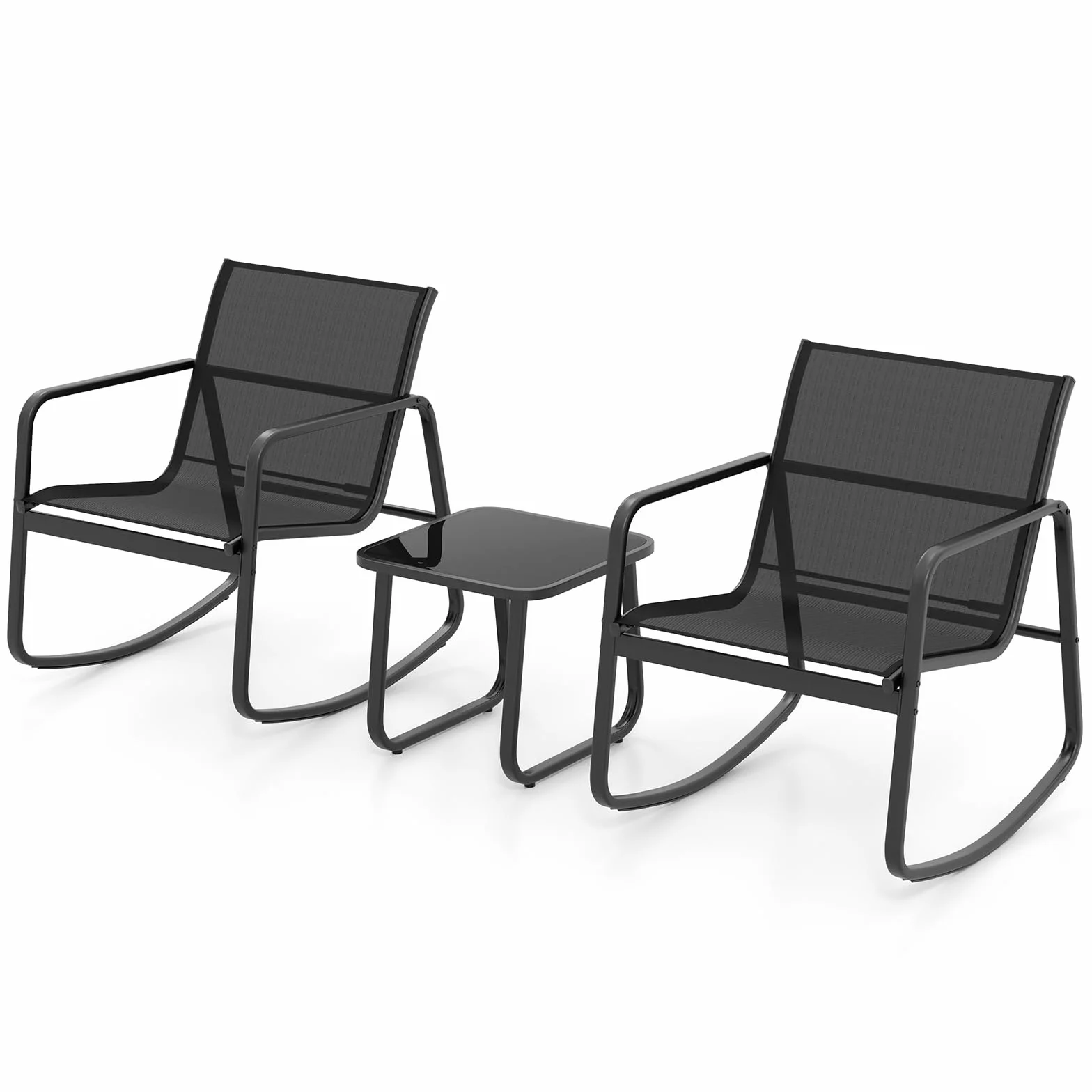 KOMFOTTEU Juego de Muebles de Jardín de 3 Piezas, Sillas Mecedoras de Textileno y Mesa de Cristal