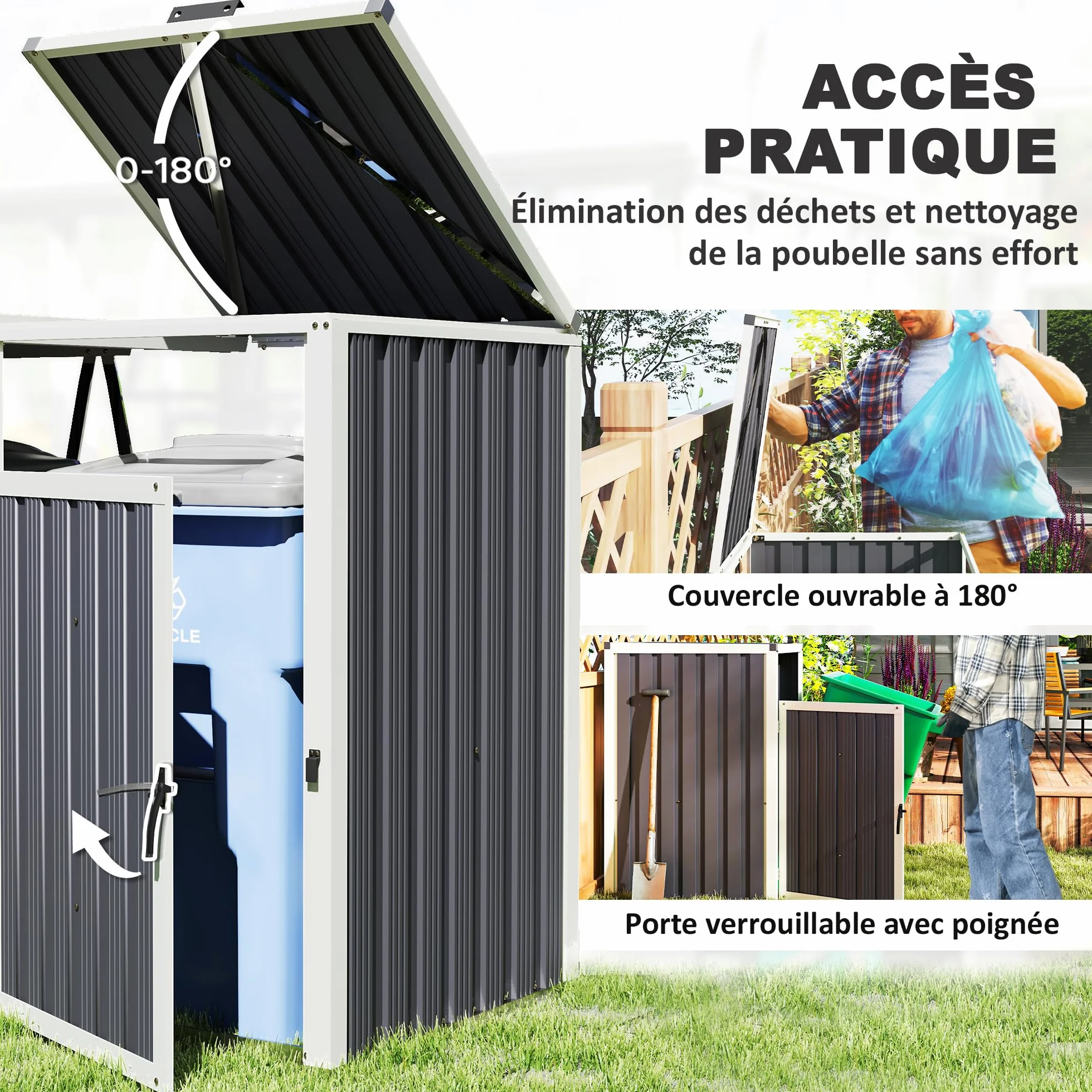Outsunny Cobertizo para 2 Cubos de Basura 240L, Acero Galvanizado, 73x81x122 cm, Gris Oscuro