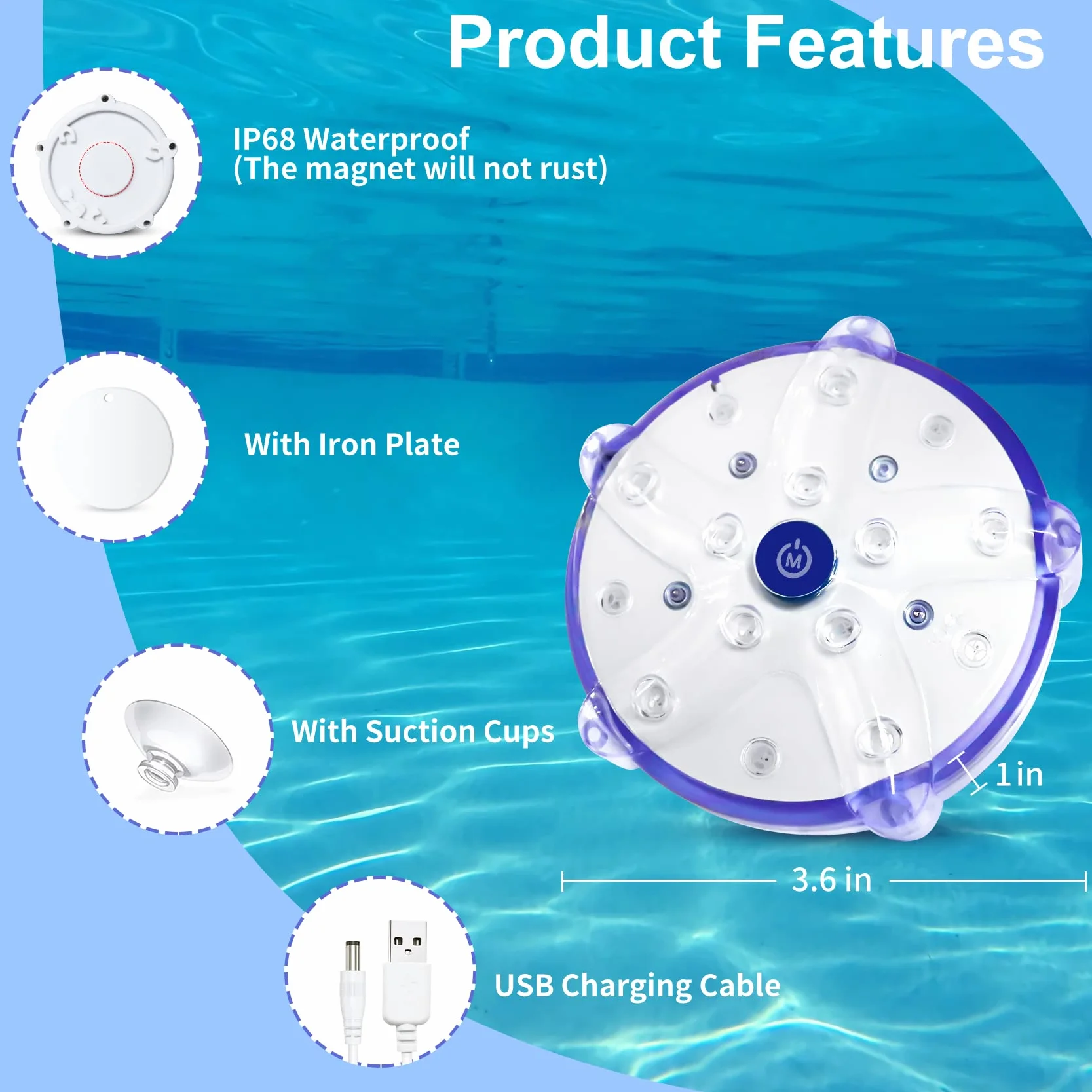 DeeprBlu Luz Sumergible Bañera LED Recargable con Imán y Ventosas para Piscina