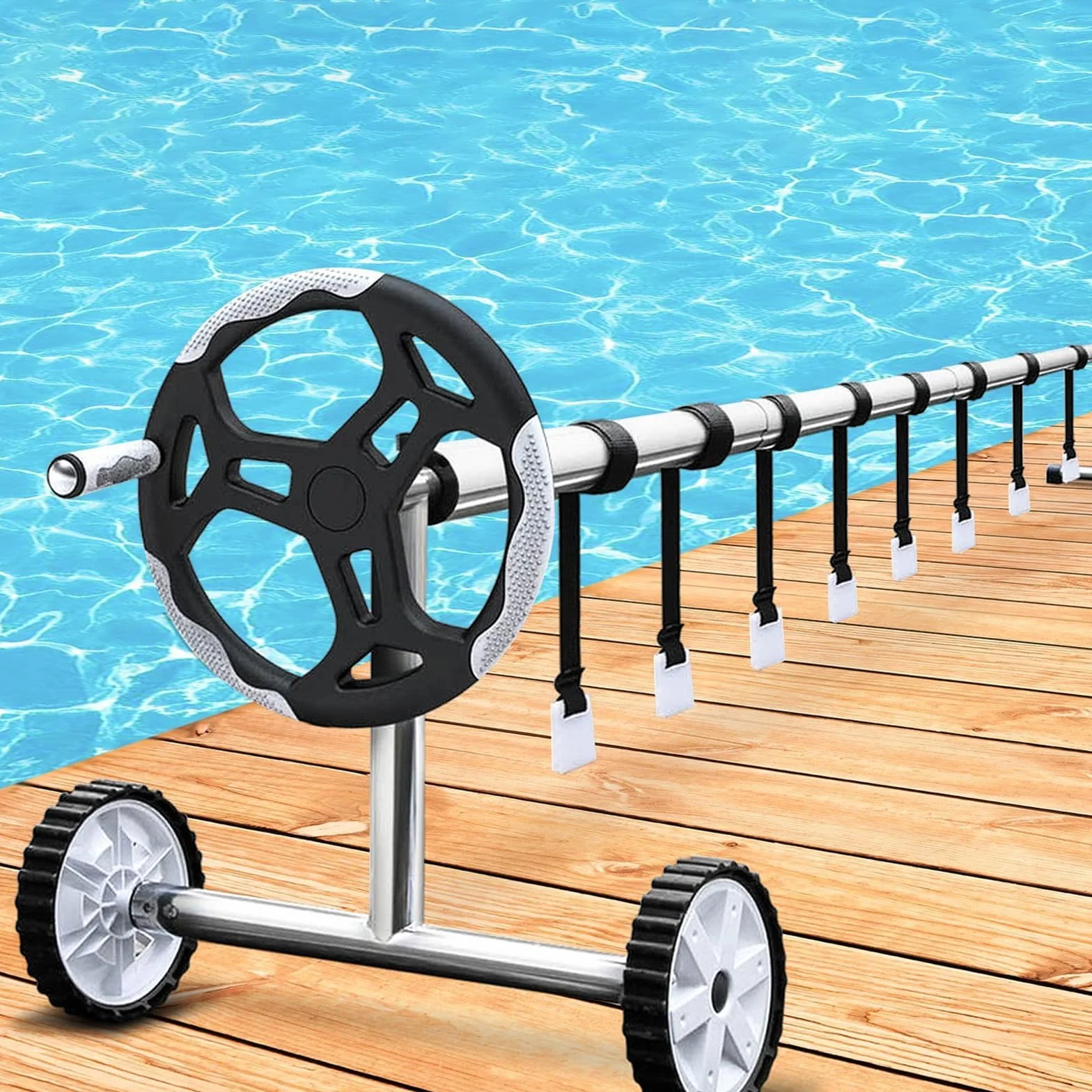 Bandas de sujeción para piscina, juego de 8 con pinzas y hebillas, enrollador y cubierta