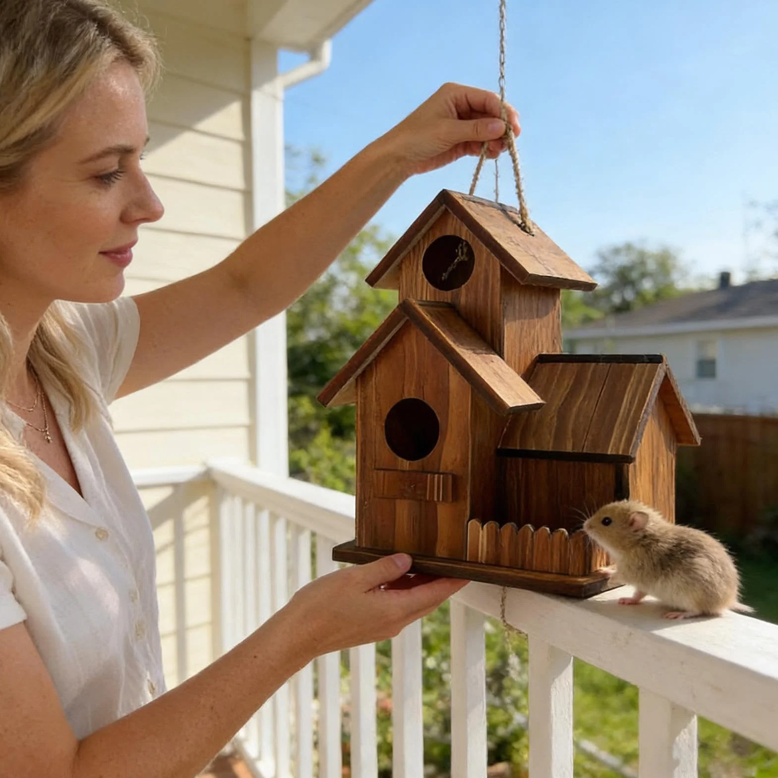 Casa para Ardillas Exterior Madera con Diseño Compartimentos Techo Flexible Alimentador Árbol Jardín