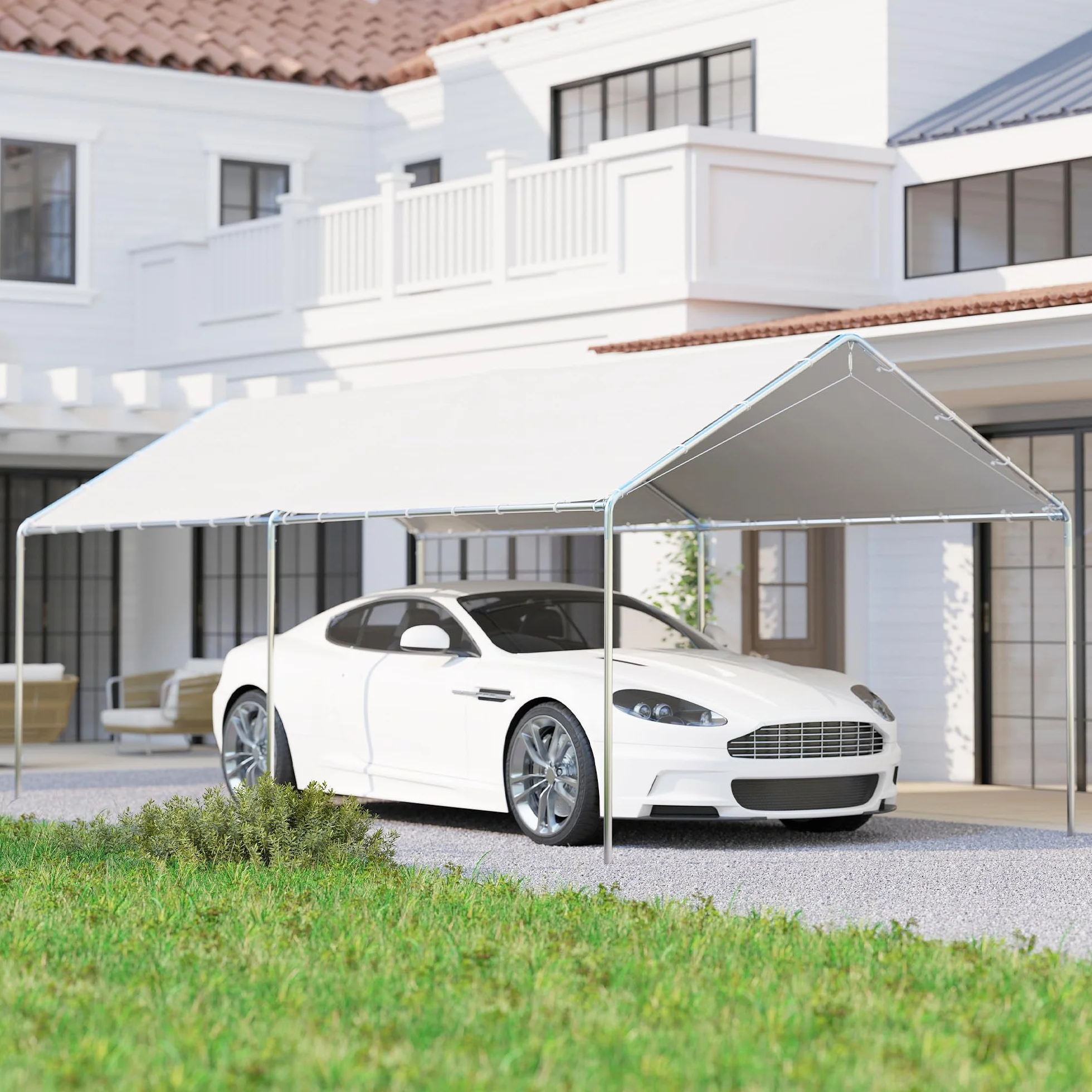 Outsunny Carpa Garaje 3x6 m Cochera Exterior Portátil Impermeable Anti-UV Marco Acero Galvanizado Blanco