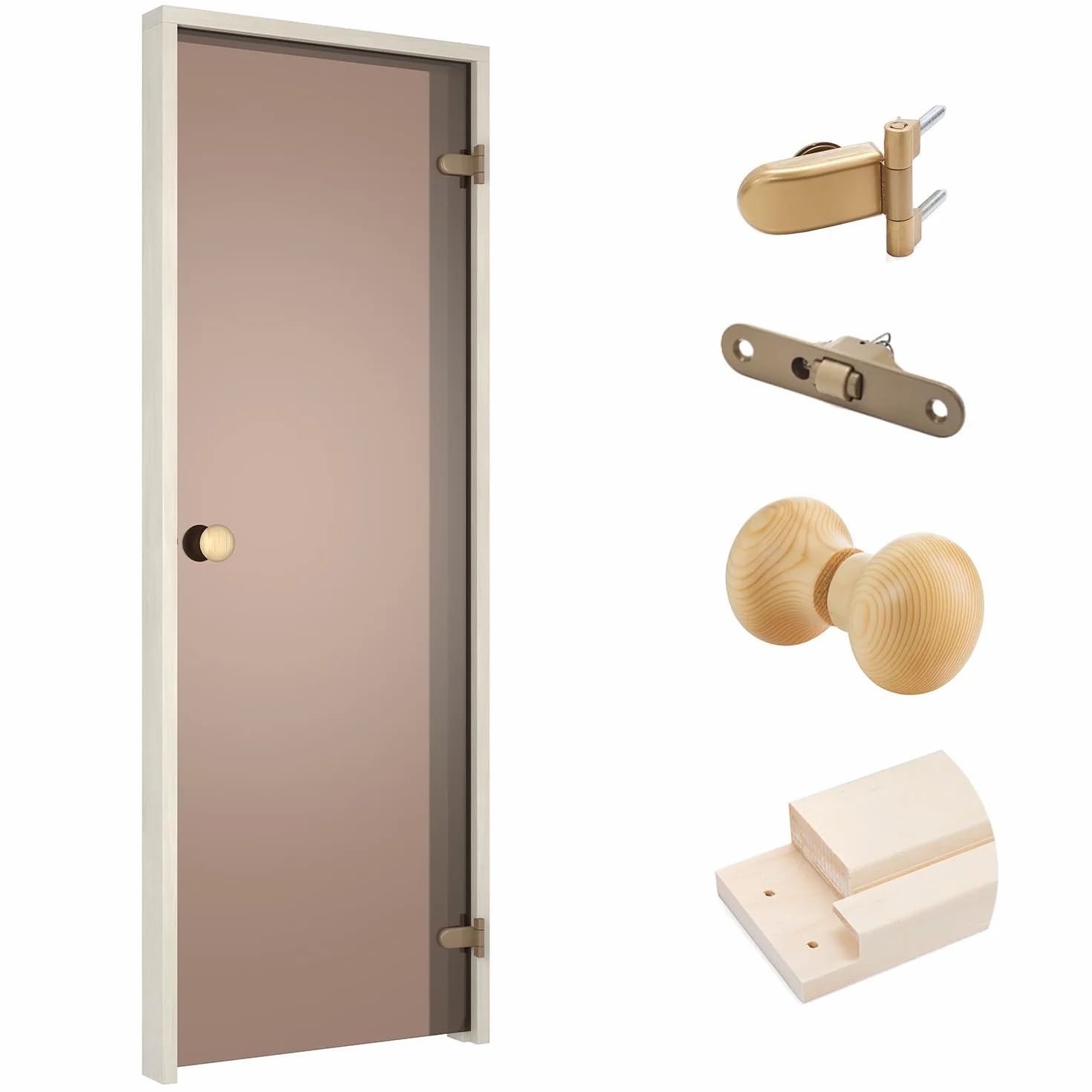 Puerta de sauna ESSENTIAL – Vidrio templado de seguridad de 8 mm, marco de madera laminada, montaje a derecha/izquierda (bronce/álamo, 60 x 190)