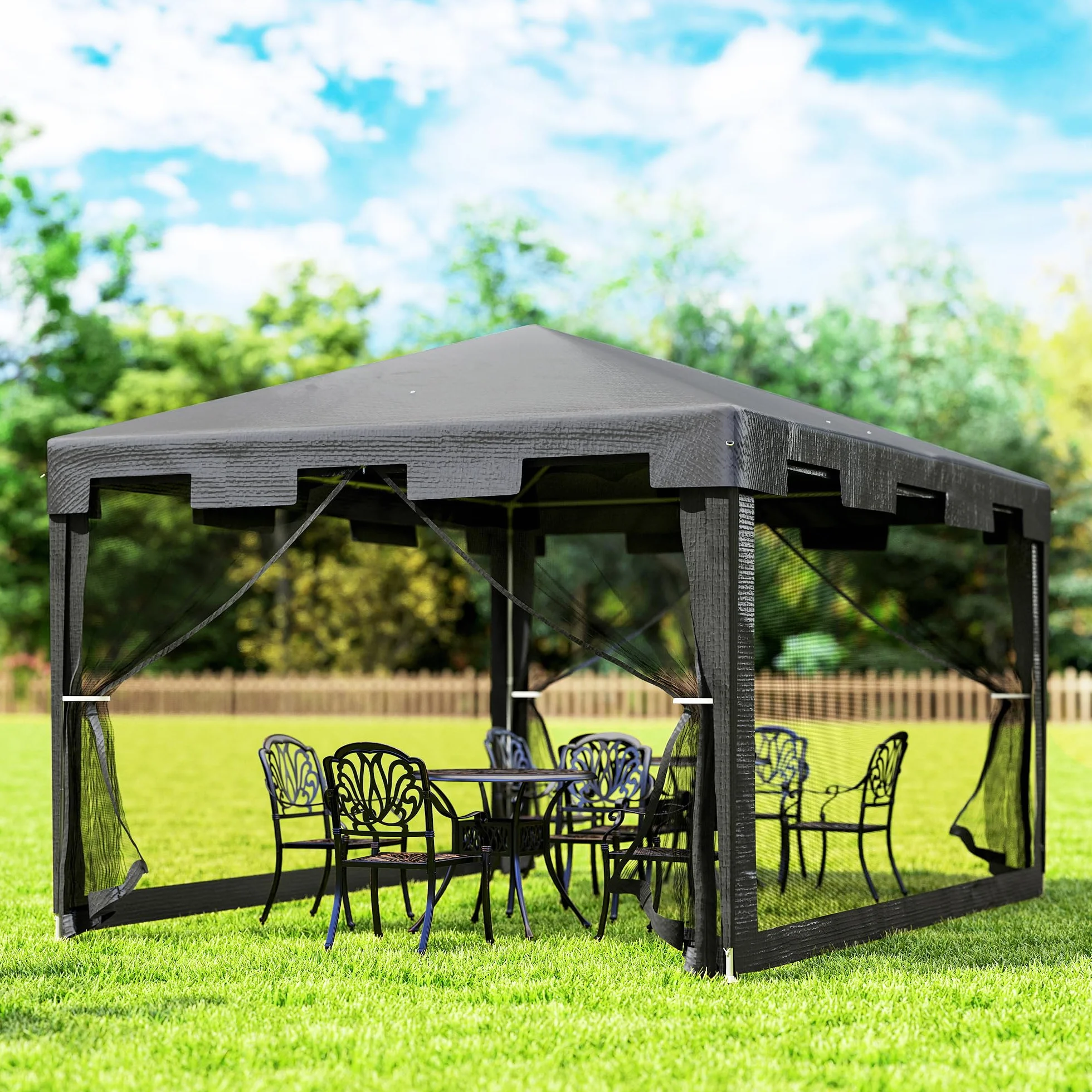 Outsunny Carpa de Jardín 4x3 m Cenador Desmontable Exterior con 4 Mosquiteras Laterales 2 Puertas con Cremallera y 6 Orificios de Drenaje Impermeable Anti-UV para Terraza Patio Playa Gris Oscuro