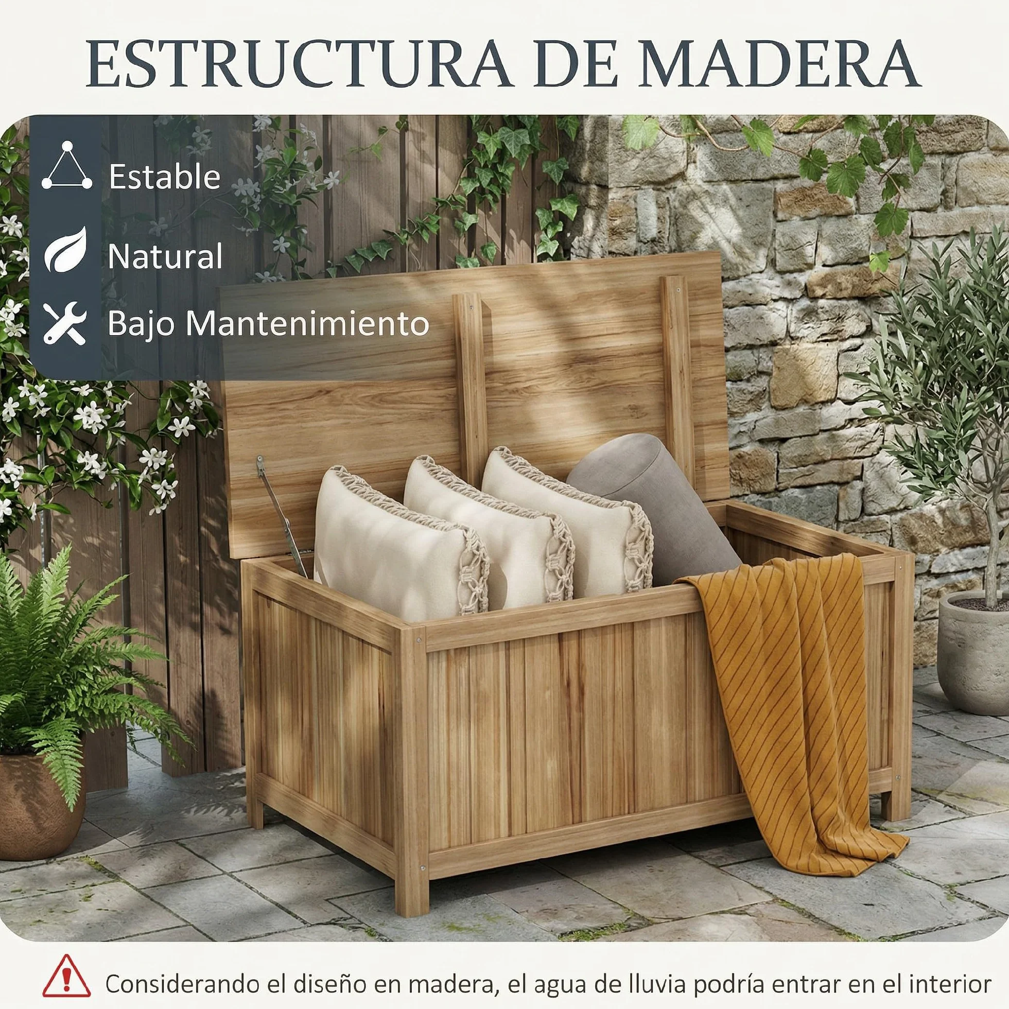 Outsunny Arcón Exterior de Madera 172 L con Tapa Abatible Baúl de Almacenaje Exterior Resistente a la Intemperie 120x55x45 cm