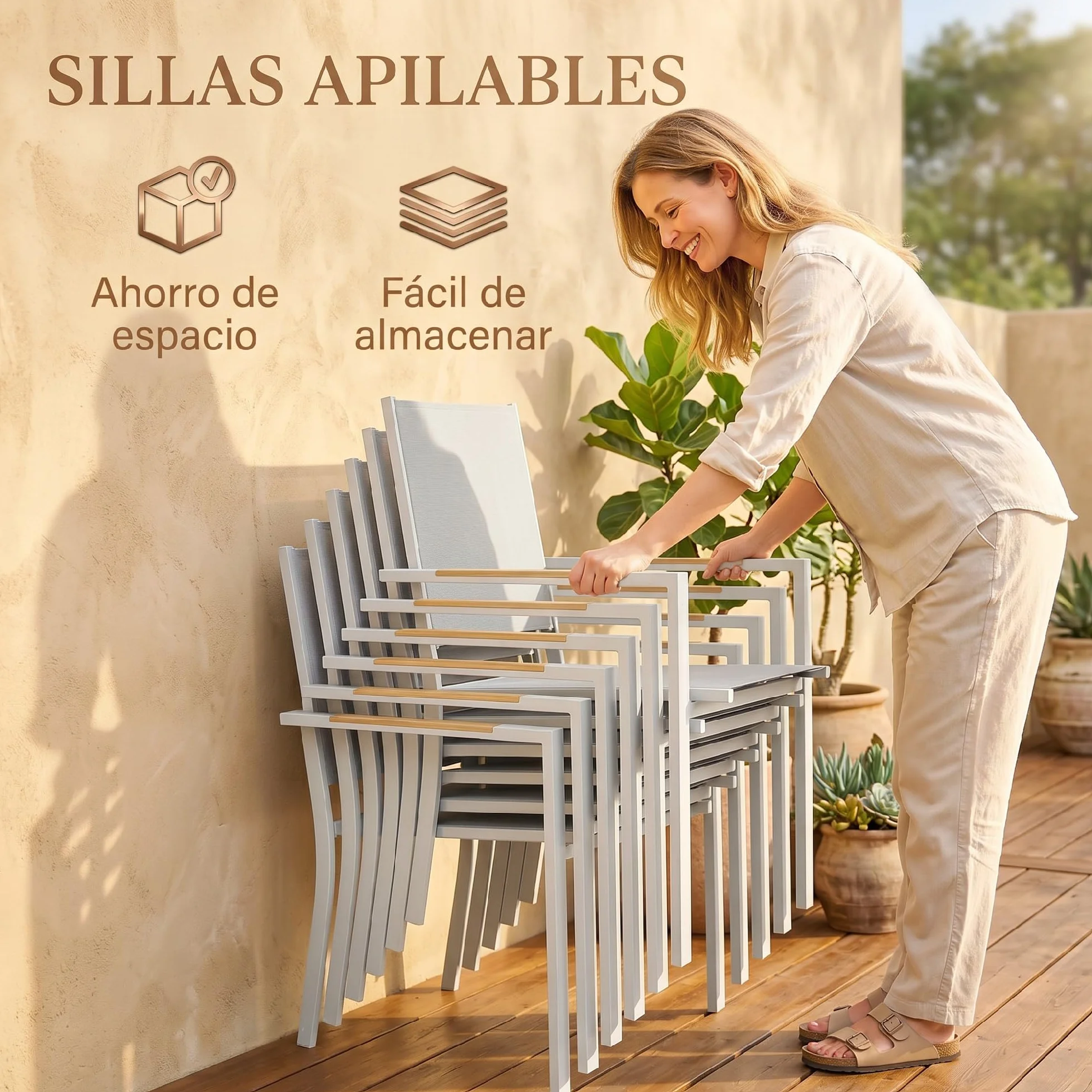 Outsunny Conjunto de Mesa y Sillas Jardín de 7 Piezas, Muebles Jardín Exterior con Mesa de Plástico PSPC, 6 Sillas Apilables Transpirables, Marco de Acero Resistente a la Intemperie, Blanco
