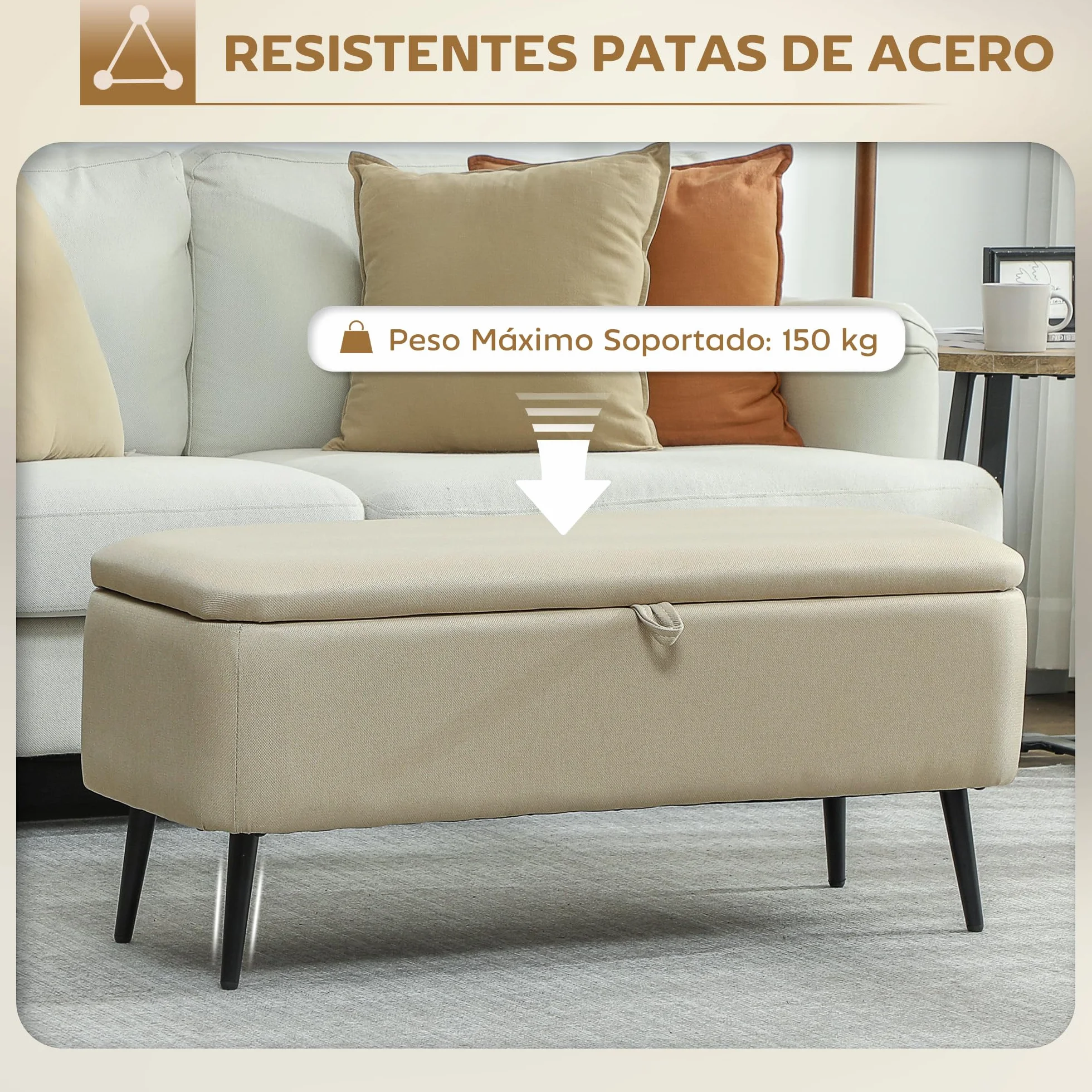 HOMCOM Banco Almacenaje Puff 61L Tapizado Lino Sintético Tapa Abatible Patas Acero 150 kg 101x38,5x44,5 cm Beige