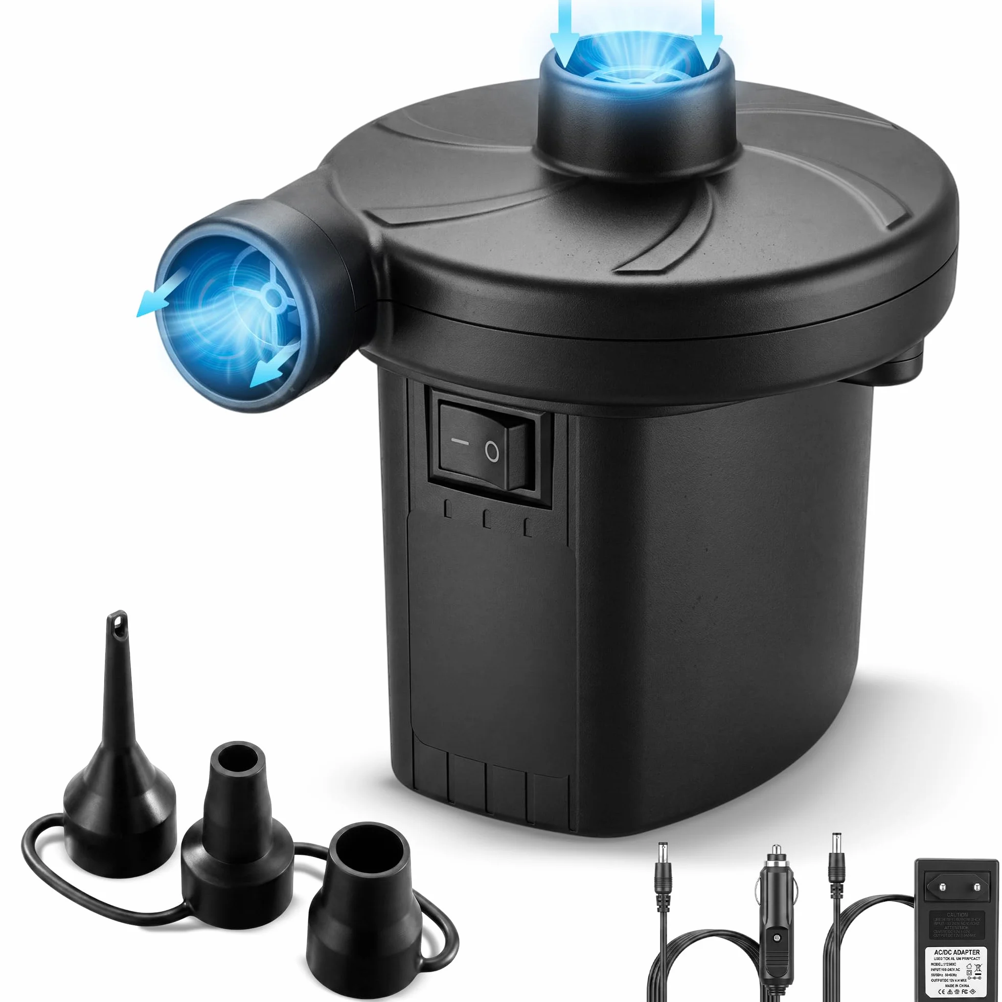 JUPPLIES Inflador Electrico 240V AC 12V DC 2 en 1 Hinchador Deshinchador Bomba de Aire Portatil