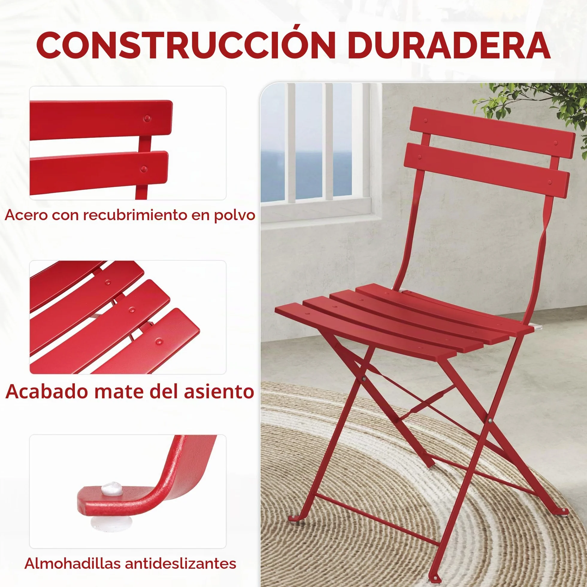 Grand patio Conjunto de Bistró 2 Sillas 1 Mesa Plegable Acero Premium Rojo