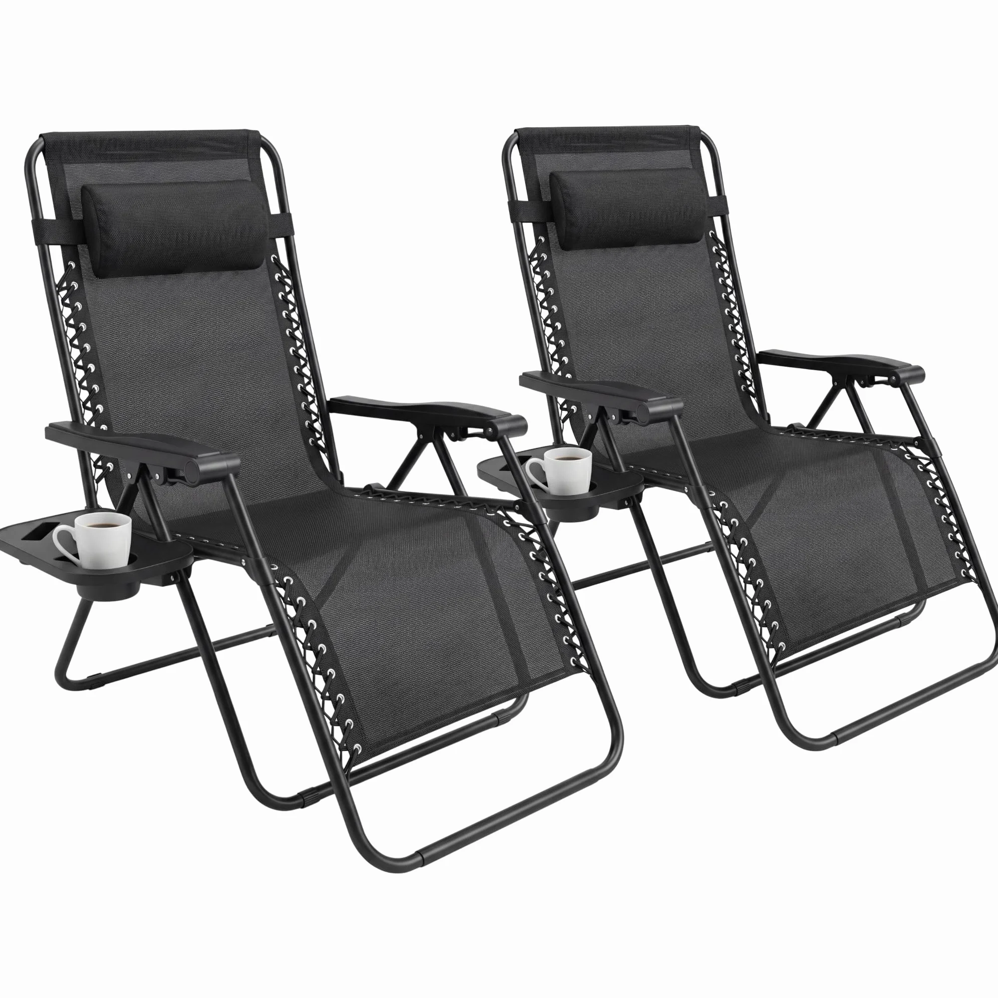 Juego de 2 sillas Plegables reclinables Ajustables de Gravedad Cero, sillas de jardín, Silla de Playa con reposacabezas para Sol y portavasos, tumbonas con Marcos de Acero con Recubrimiento en Polvo
