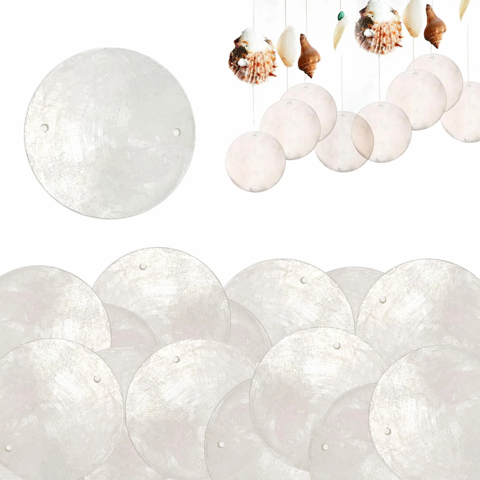 Cuentas de Concha Blanca 100 Piezas Discos Redondos de Nácar Colgante Carillón de Viento Retro con Dos Agujeros para Cortinas Decoración del Hogar