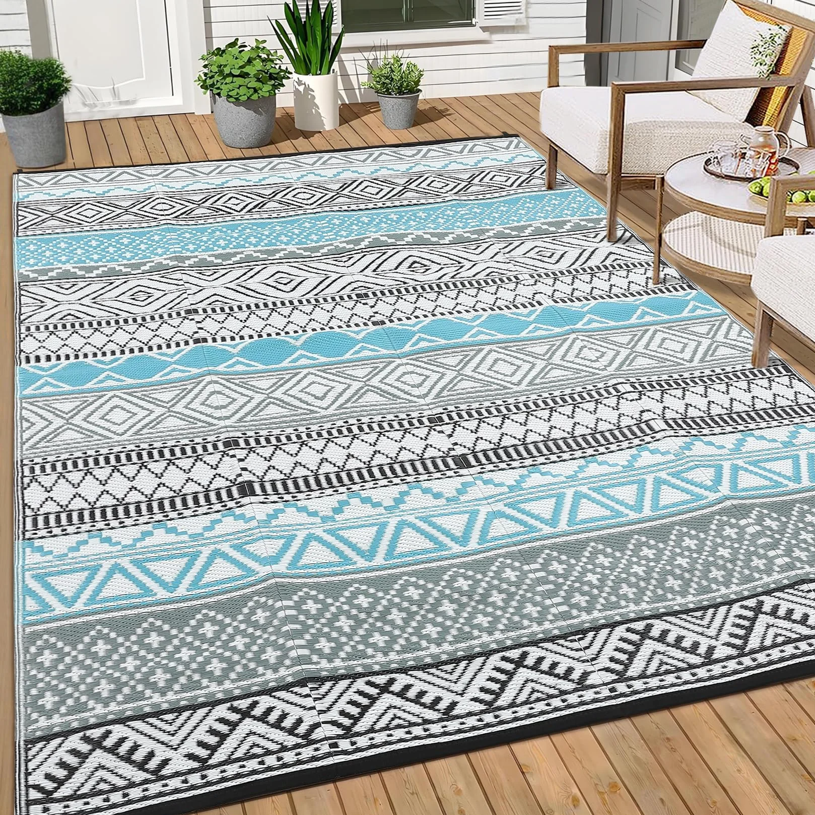 CAROMIO Alfombra exterior 120x240 cm plástico pajita impermeable reversible azul gris