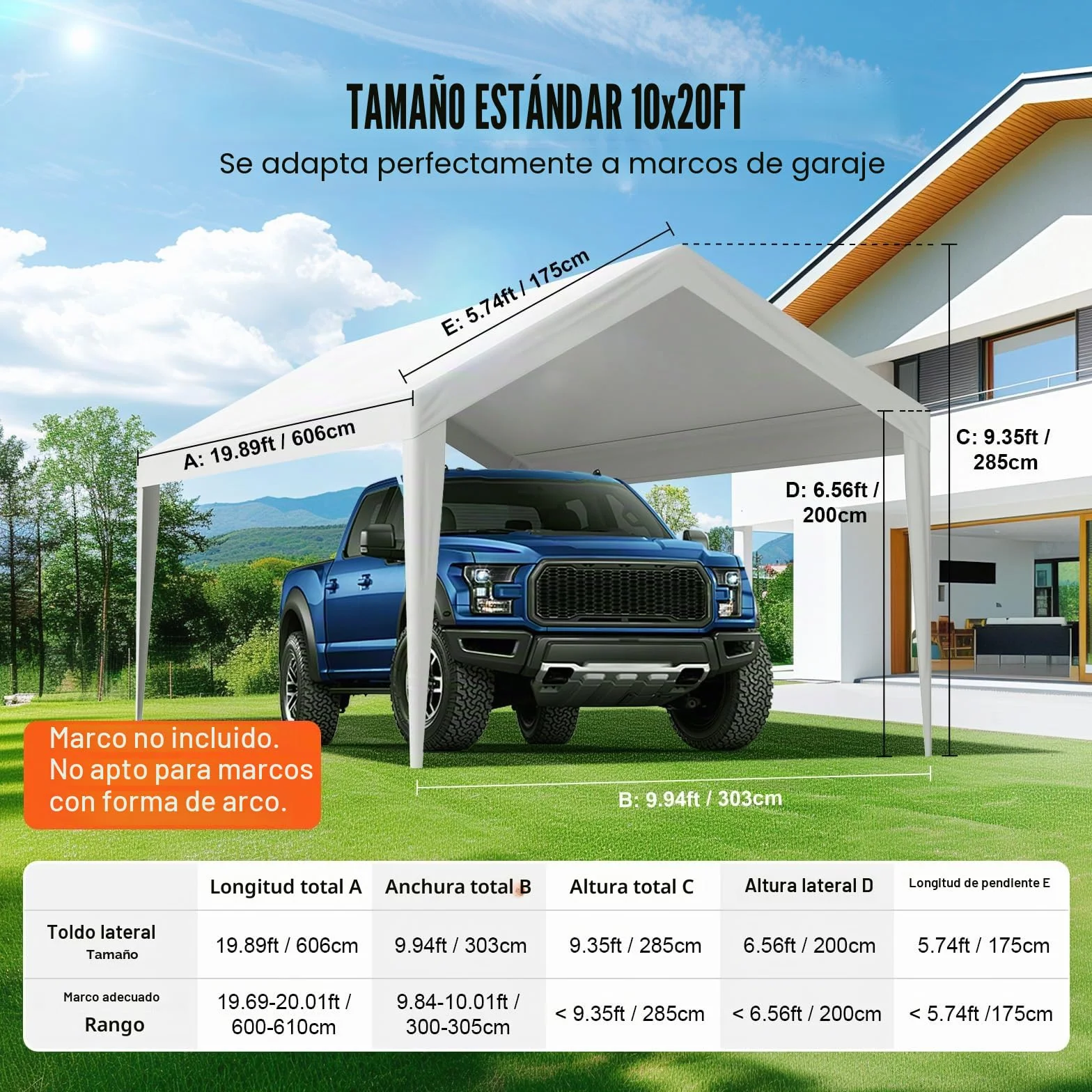 VEVOR Cubierta de Repuesto para Toldo de Cochera 6100 x 3040 x 850 mm, Resistente al Agua y Protección UV, Blanco