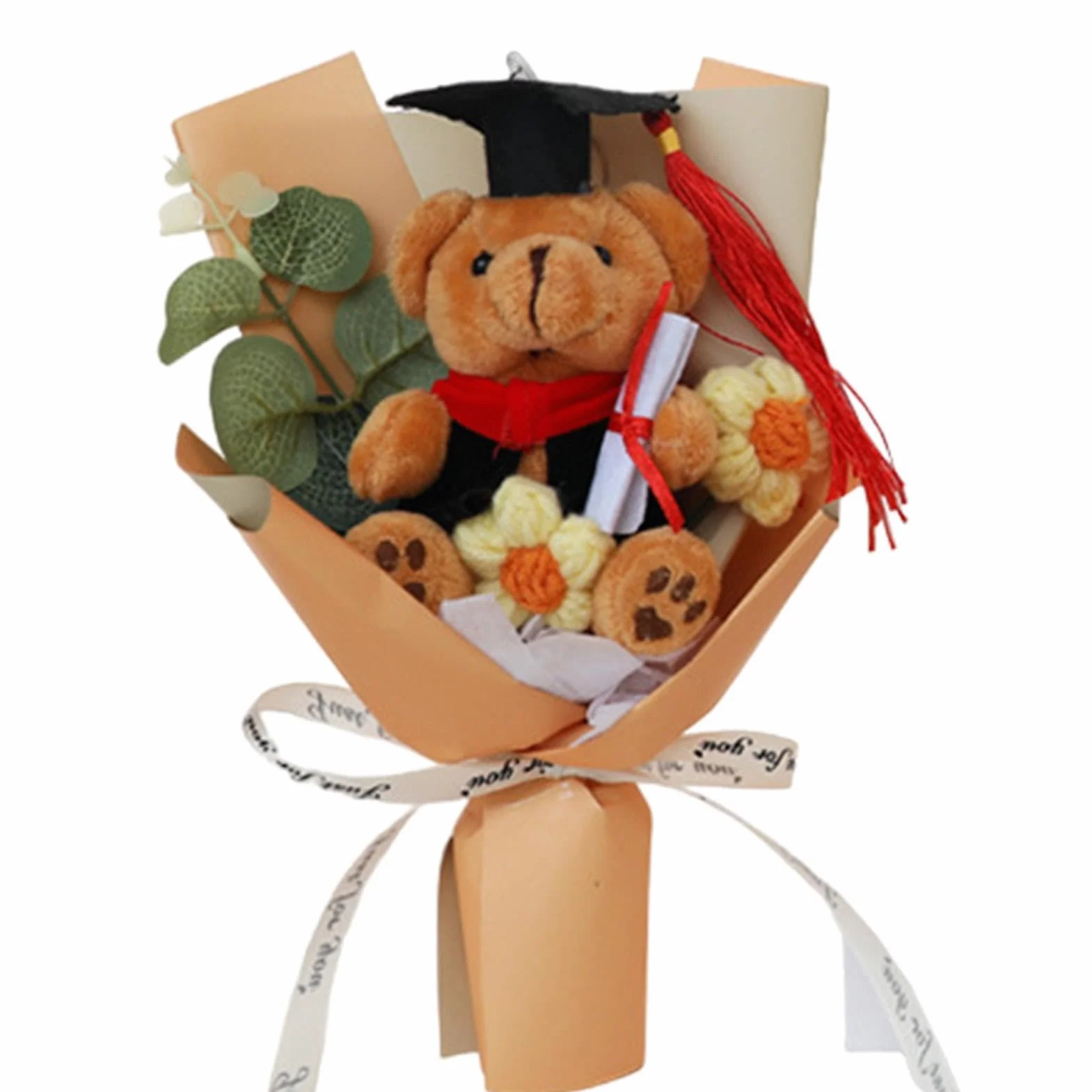 Ramo de Flores de Oso de Graduación, Flores de Ganchillo Hecho a Mano con Oso de Peluche