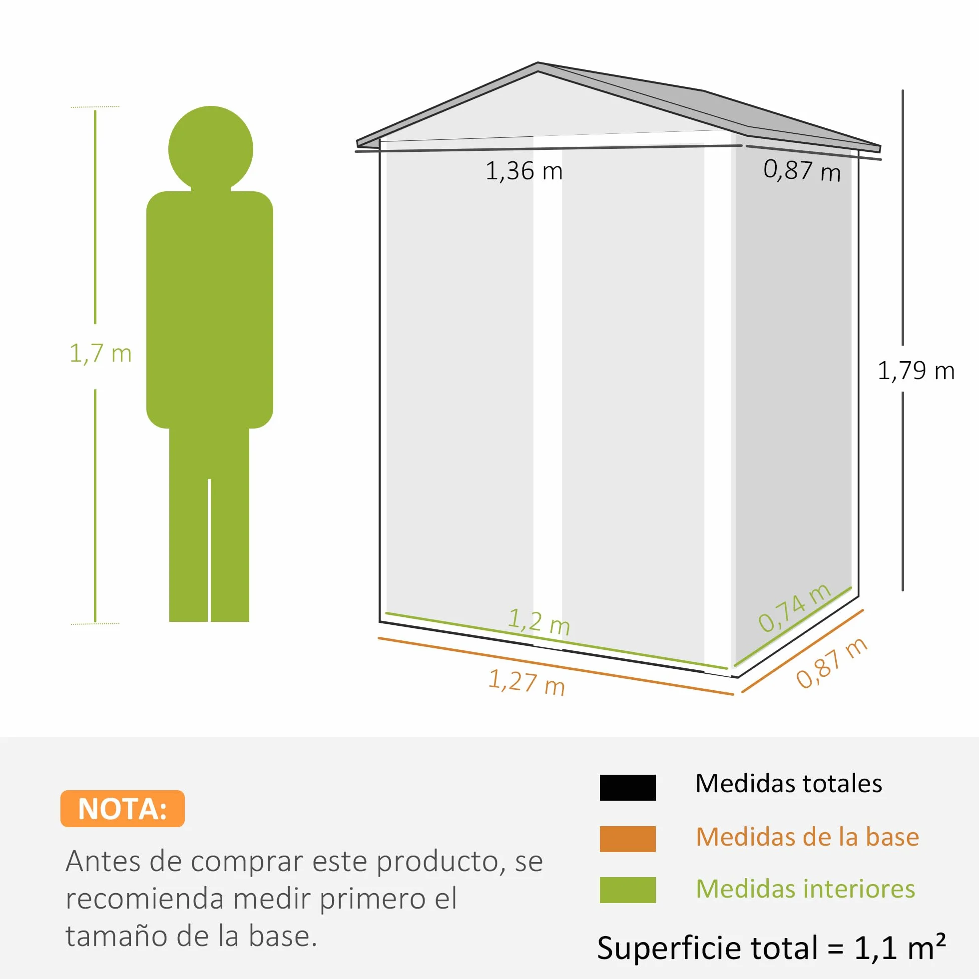 Outsunny Caseta de Jardín Exterior 1,1 m² 136x87x179 cm Cobertizo Metálico con Puerta Corredera Techo Inclinado