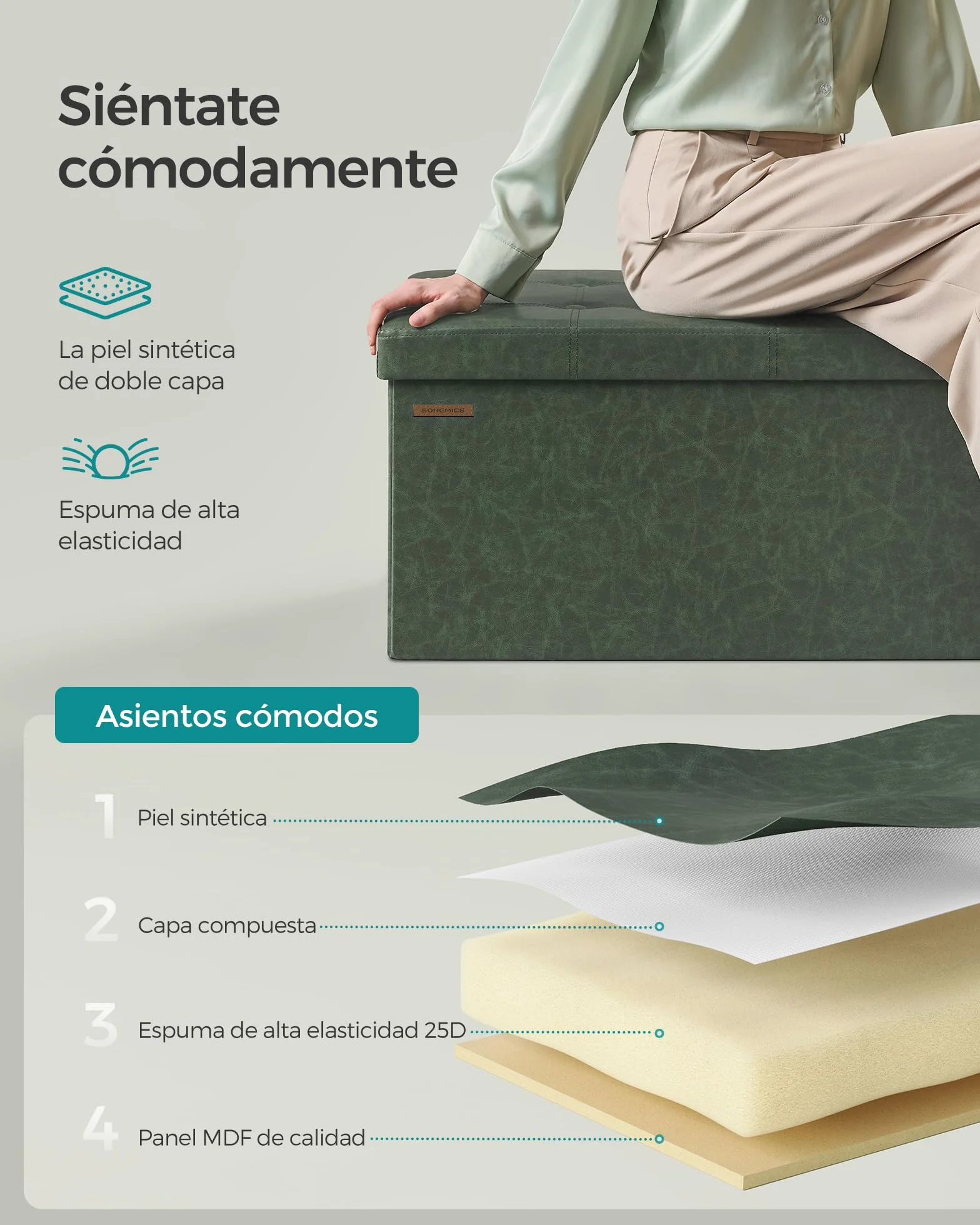 SONGMICS Baúl de Almacenaje Plegable 38x76x38 cm Taburete Reposapiés hasta 300 kg Verde Bosque