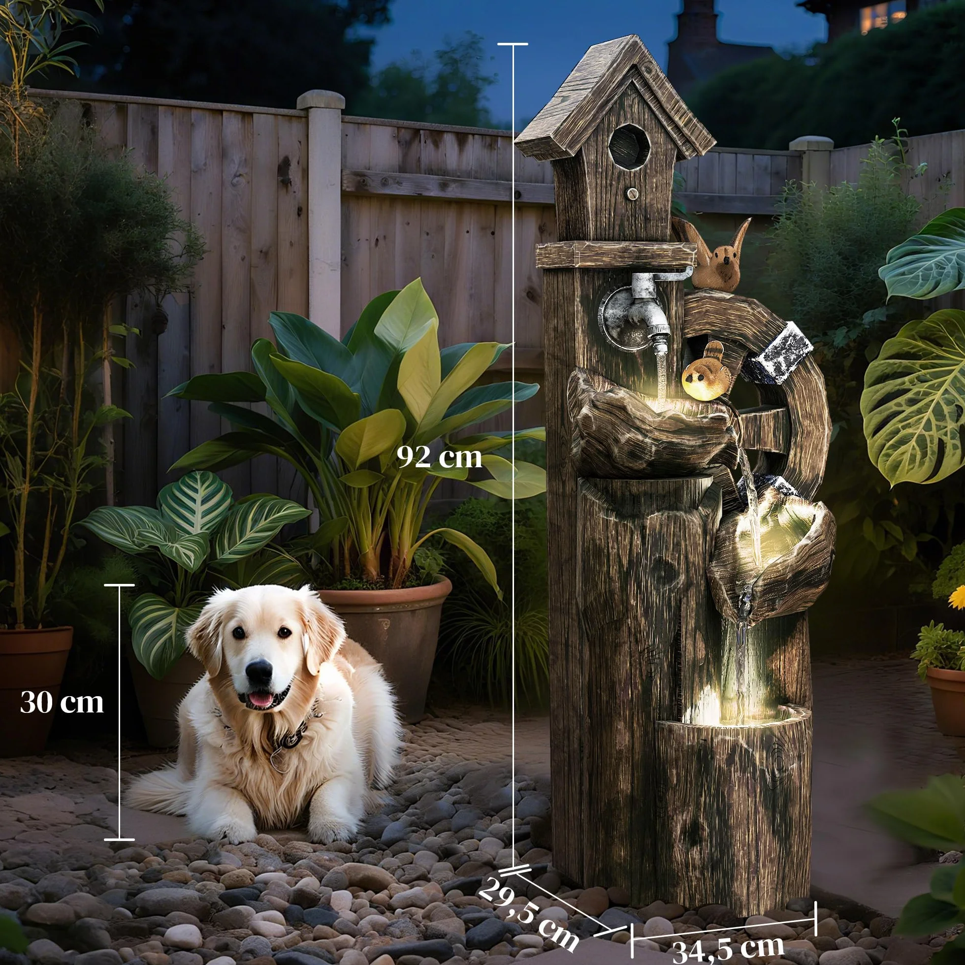 Outsunny Fuente de Agua 2 en 1 con Casita para Pájaros Fuente de Jardín con Iluminación LED Fuente Decorativa en Cascada de 4 Niveles para Jardín Patio Terraza 34,5x29,5x92 cm Multicolor