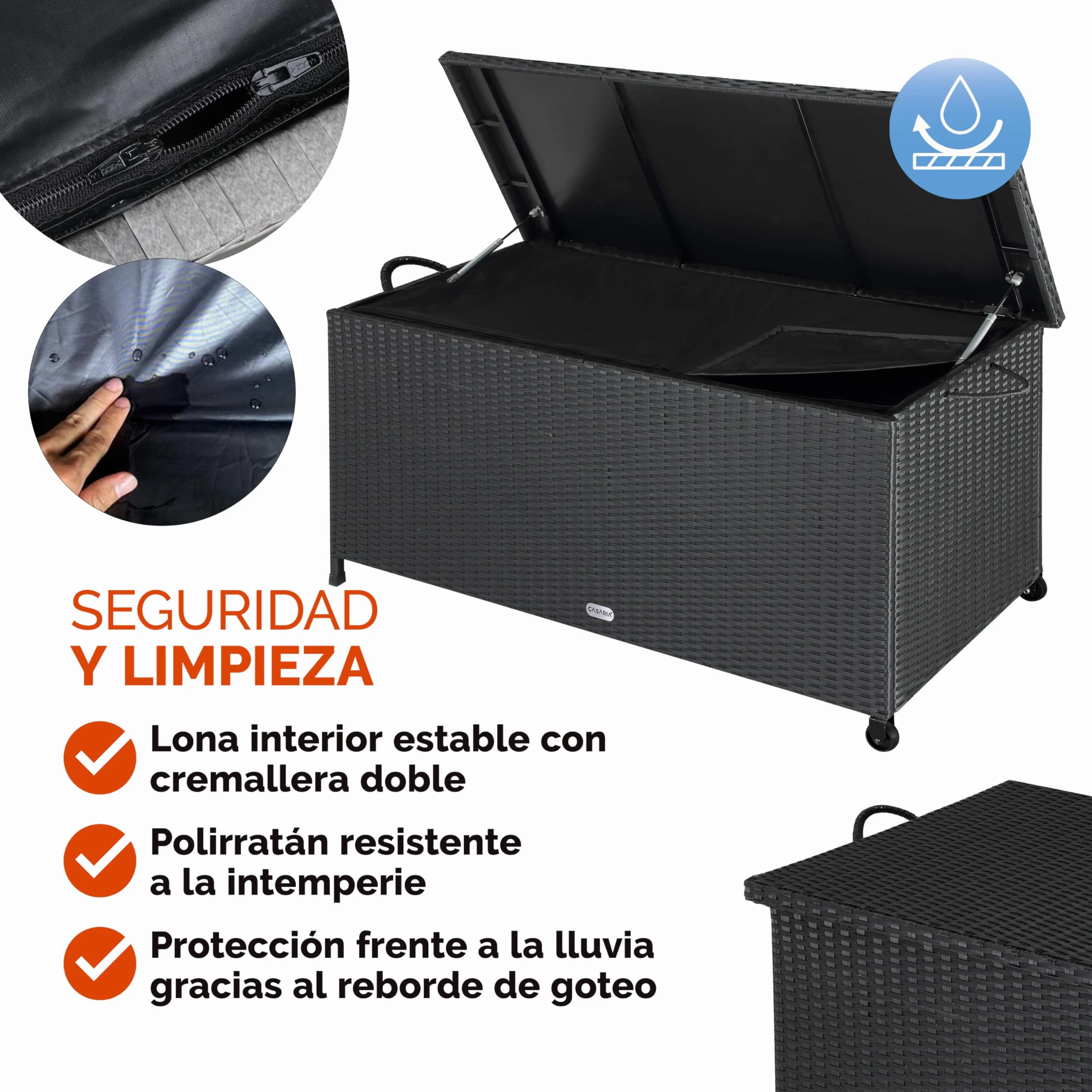 CASARIA Baúl de Almacenamiento Exterior XXL 270L 117x53x60cm Poliratán Negro 2 Ruedas
