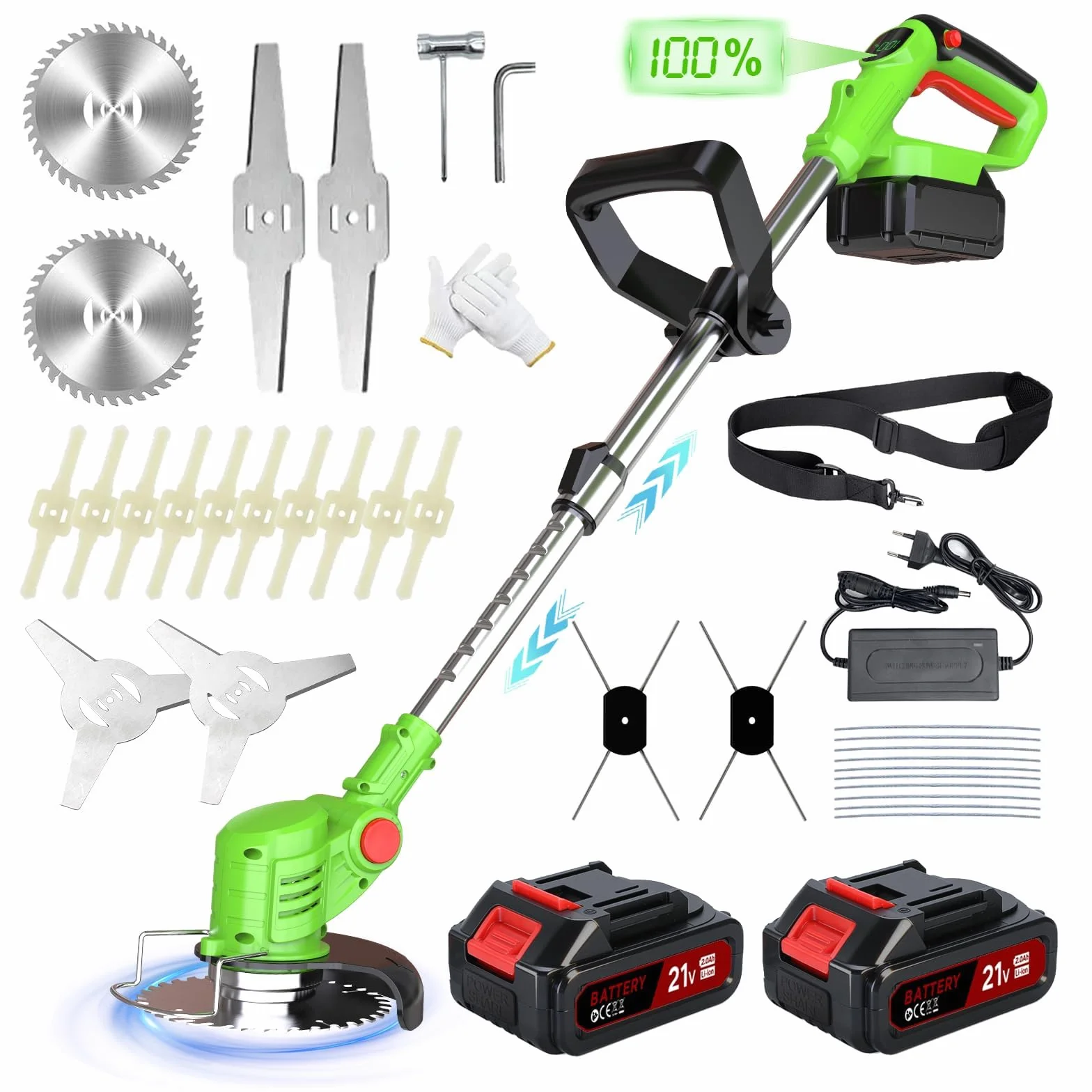 Desbrozadora Batería 21V, Desbrozadora Electrica con 2 baterías, Cortabordes Bateria 5 en 1 Cortabordes Electrico, Telescópica, Pantalla LED para Recortar Césped y Arbustos,Verde