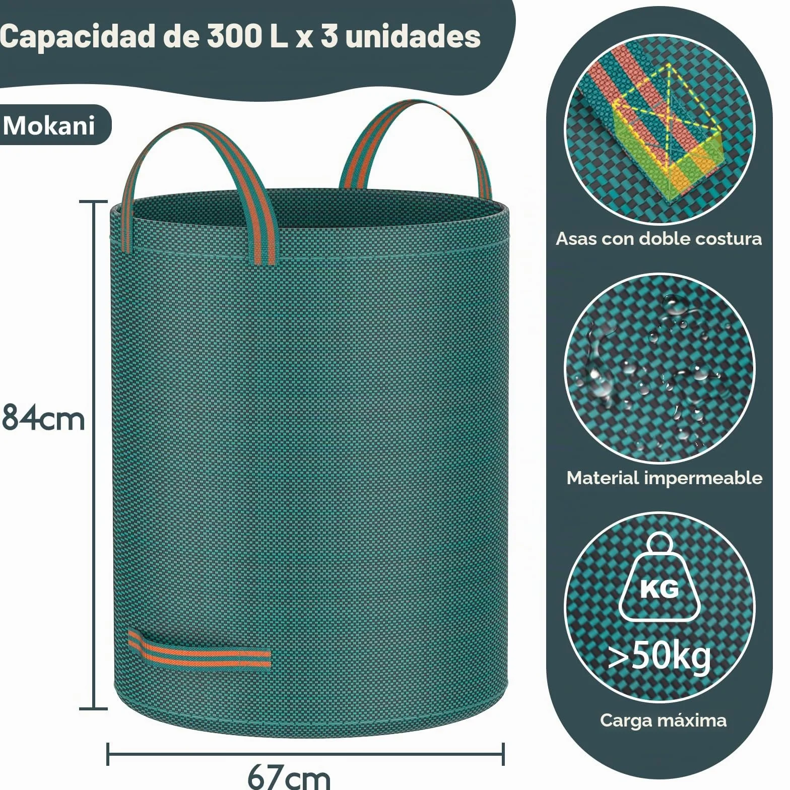 Mokani Bolsas de basura de jardín 300 L x 3 resistentes con asas reutilizables plegables