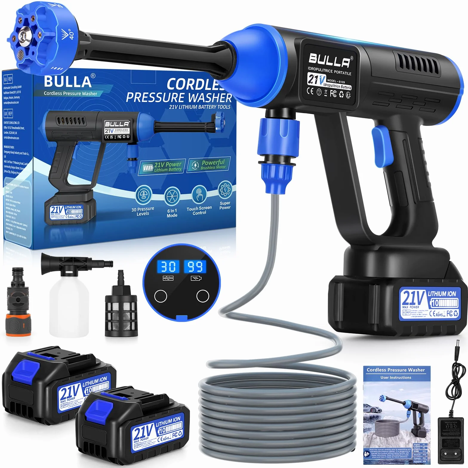 Hidrolimpiadora Batería, Pistola de Agua a Presión 6 en 1, 2 Baterías 4,0 Ah, Limpieza Coches