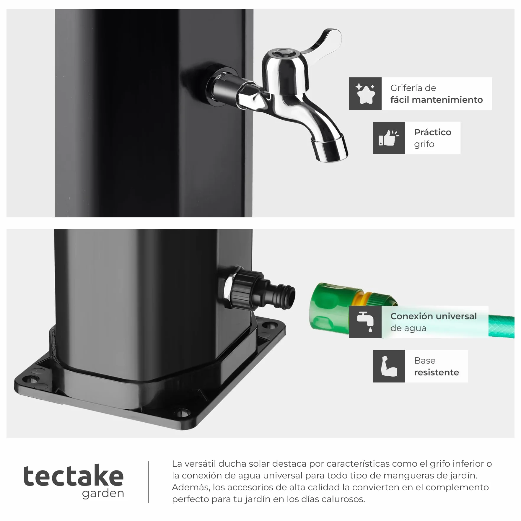 Tectake Ducha Exterior Solar 35 L Negro Resistente Intemperie Alcachofa 360°