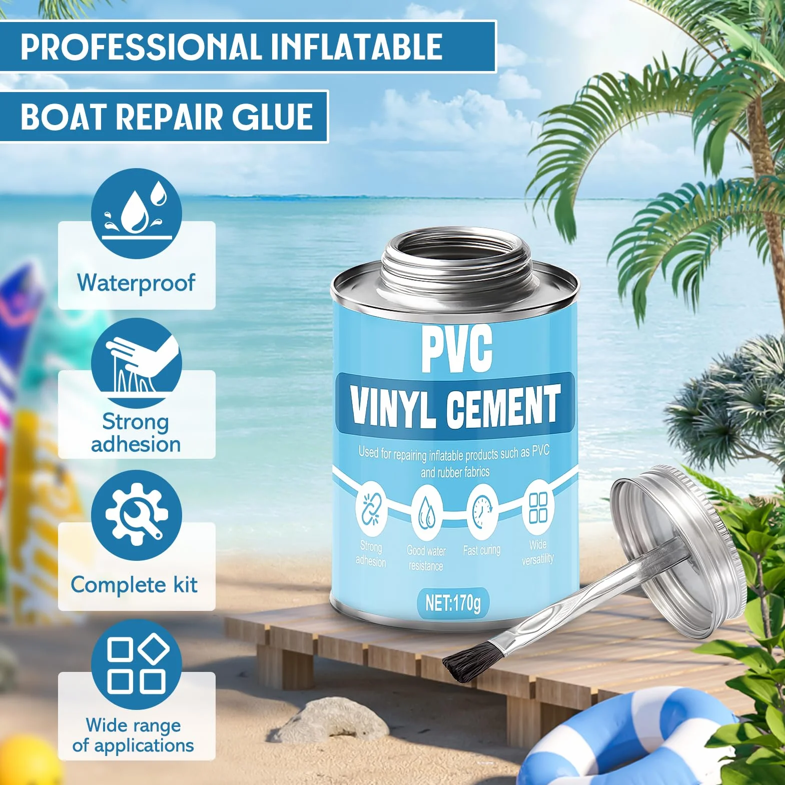 Pegamento PVC 170g para Parche Piscina y Reparación de Botes Inflables, Kayaks, Lonas