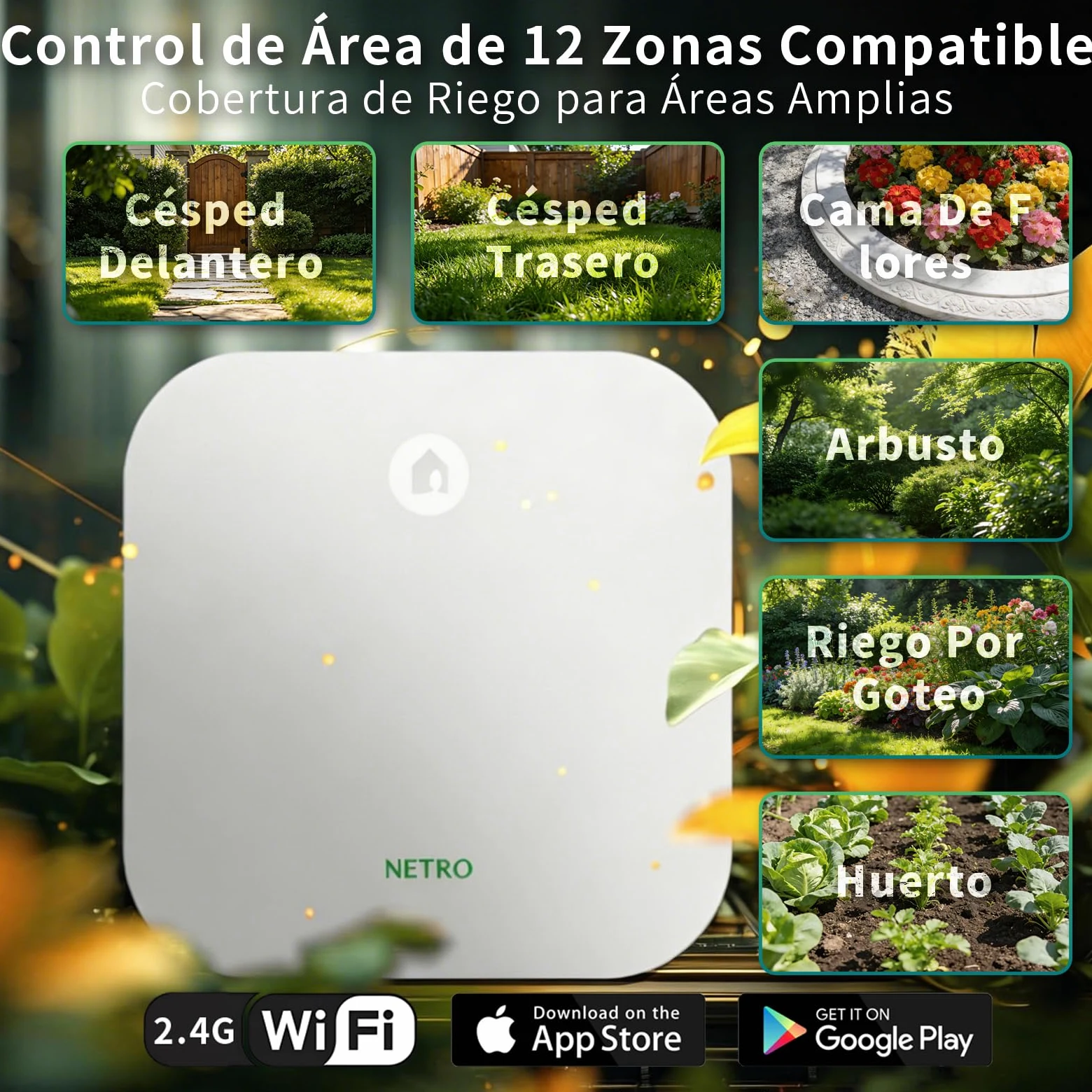 Netro Sprite 12 Zone Programador Riego WiFi Para Césped Con App, Con 24 CA | Serv Meteorol, Datos de Plantas,‌ Programa de Riego, Salto Lluvia, Riego Automático con Sensor Netro, Historial‌,Uso Interior
