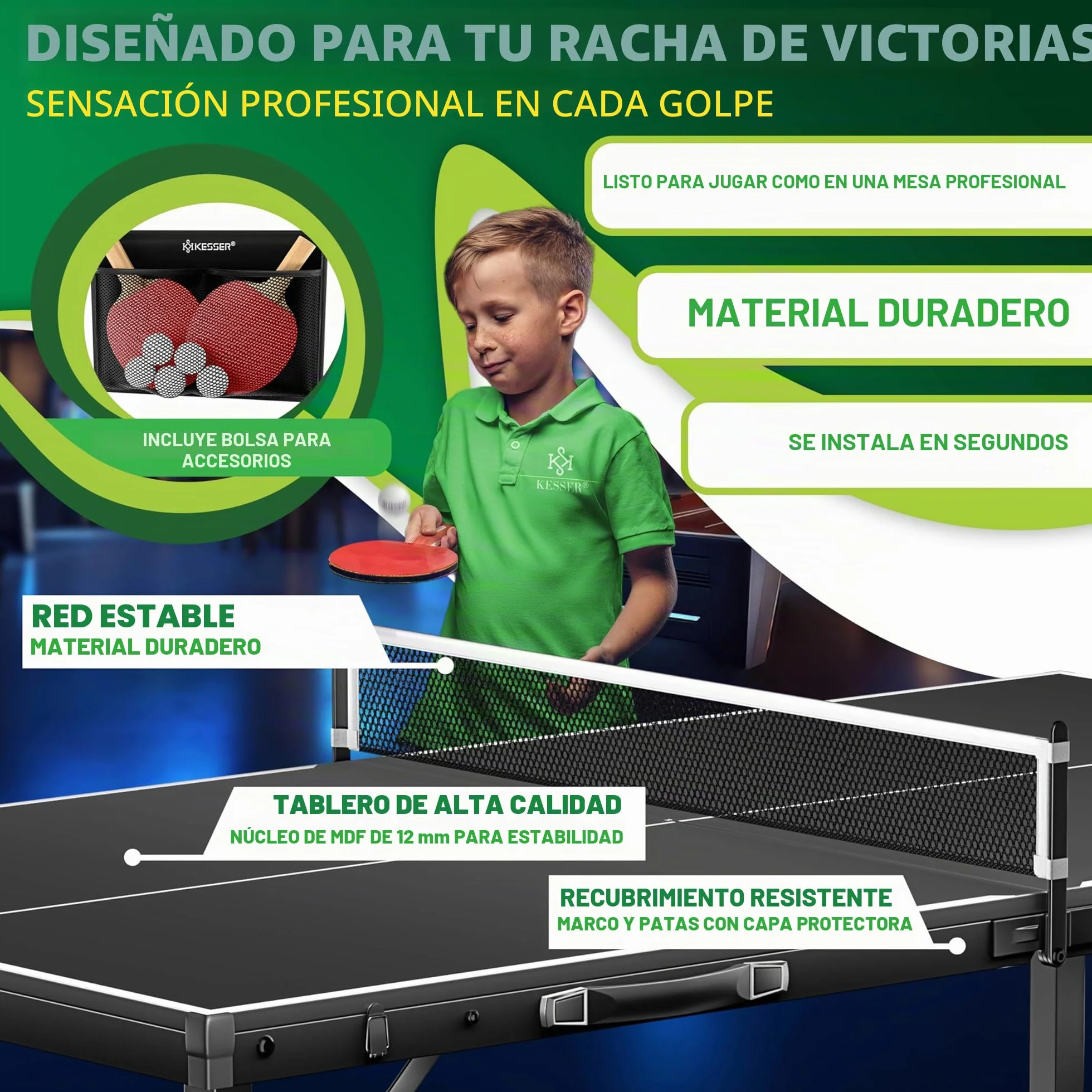 KESSER Mesa de ping pong Mini Outdoor Interior con raquetas, pelotas y red TT – Resistente a la intemperie – Plegable para viajes